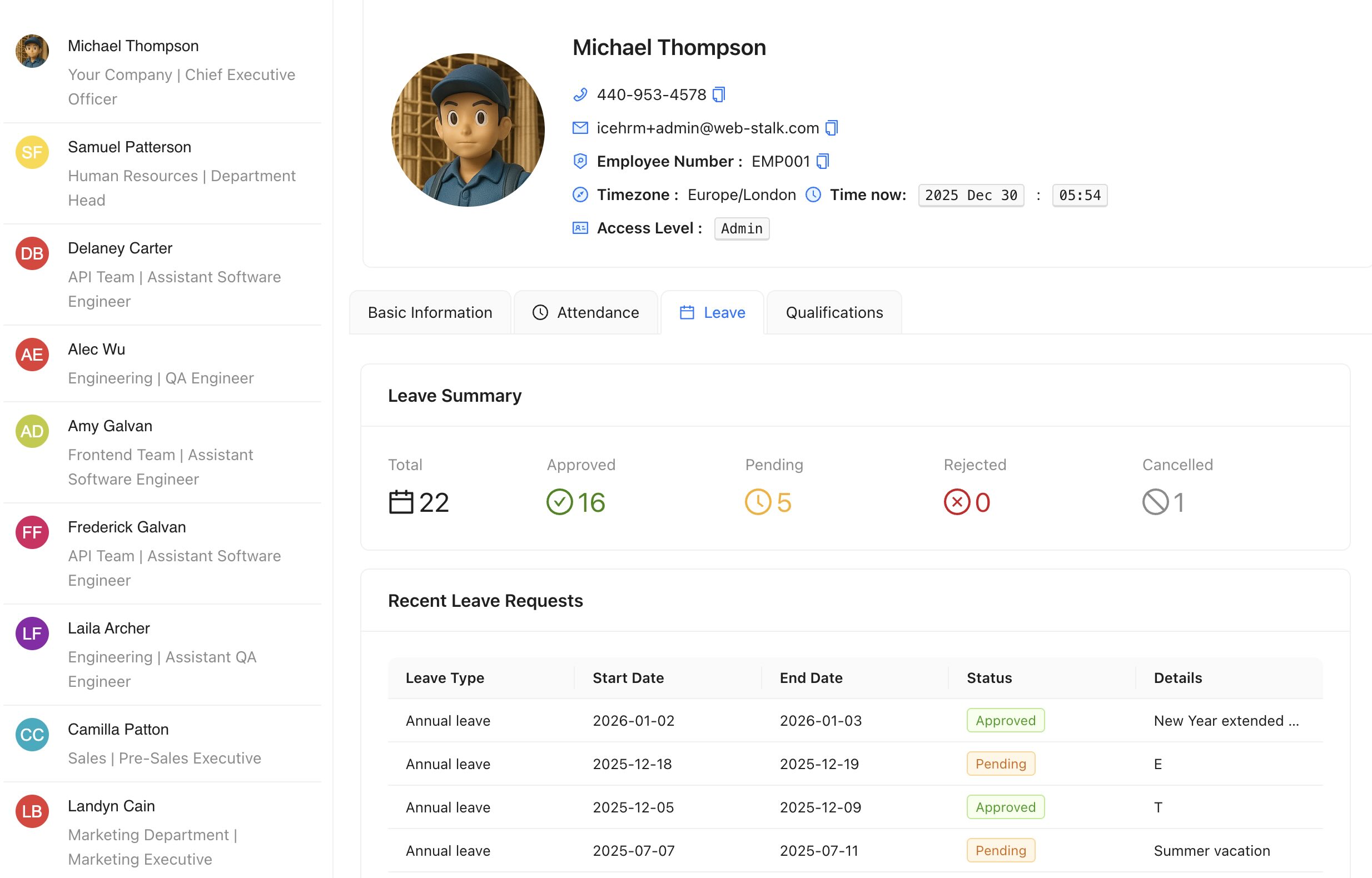 Employee profile tabs