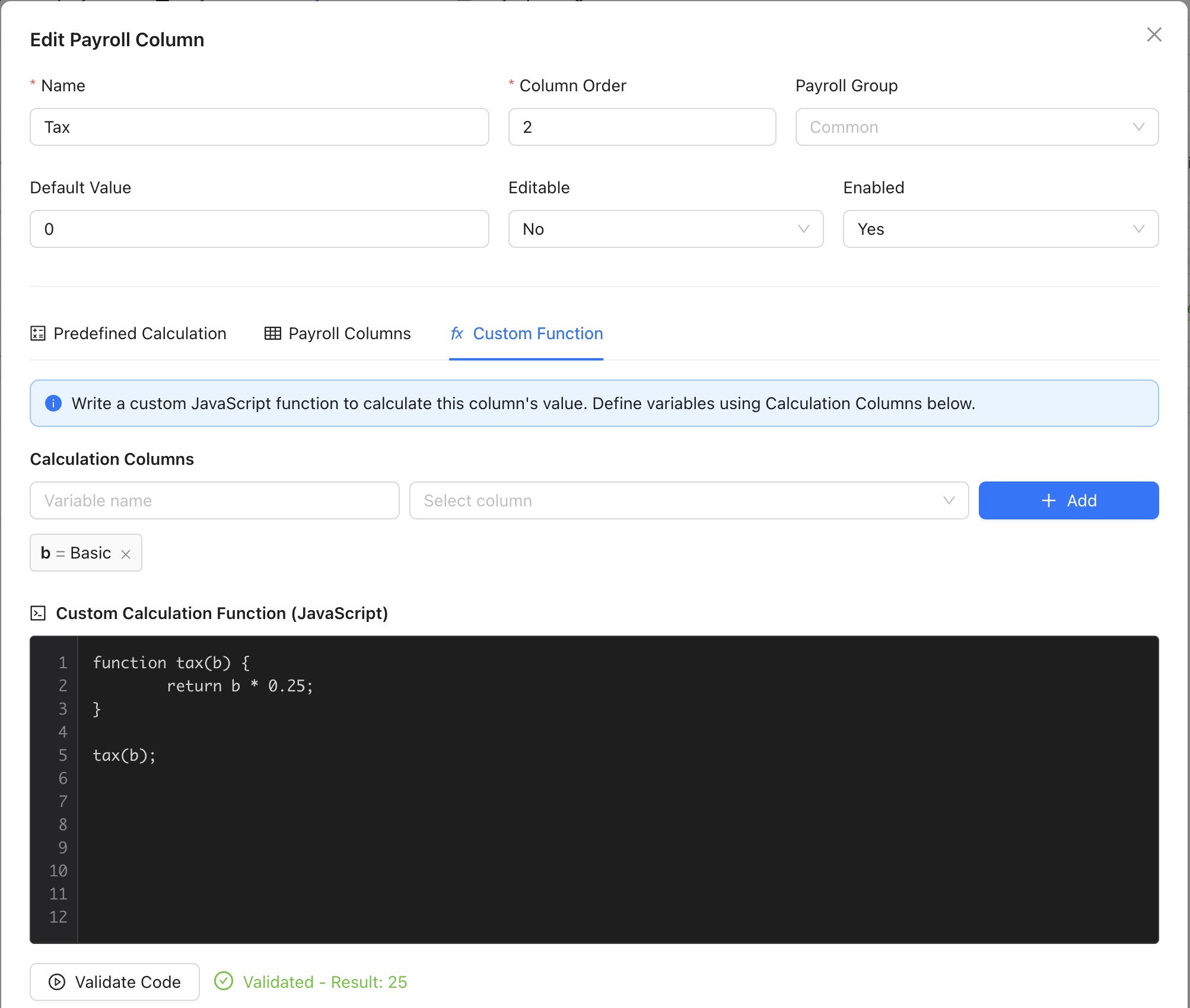 Payroll column editor