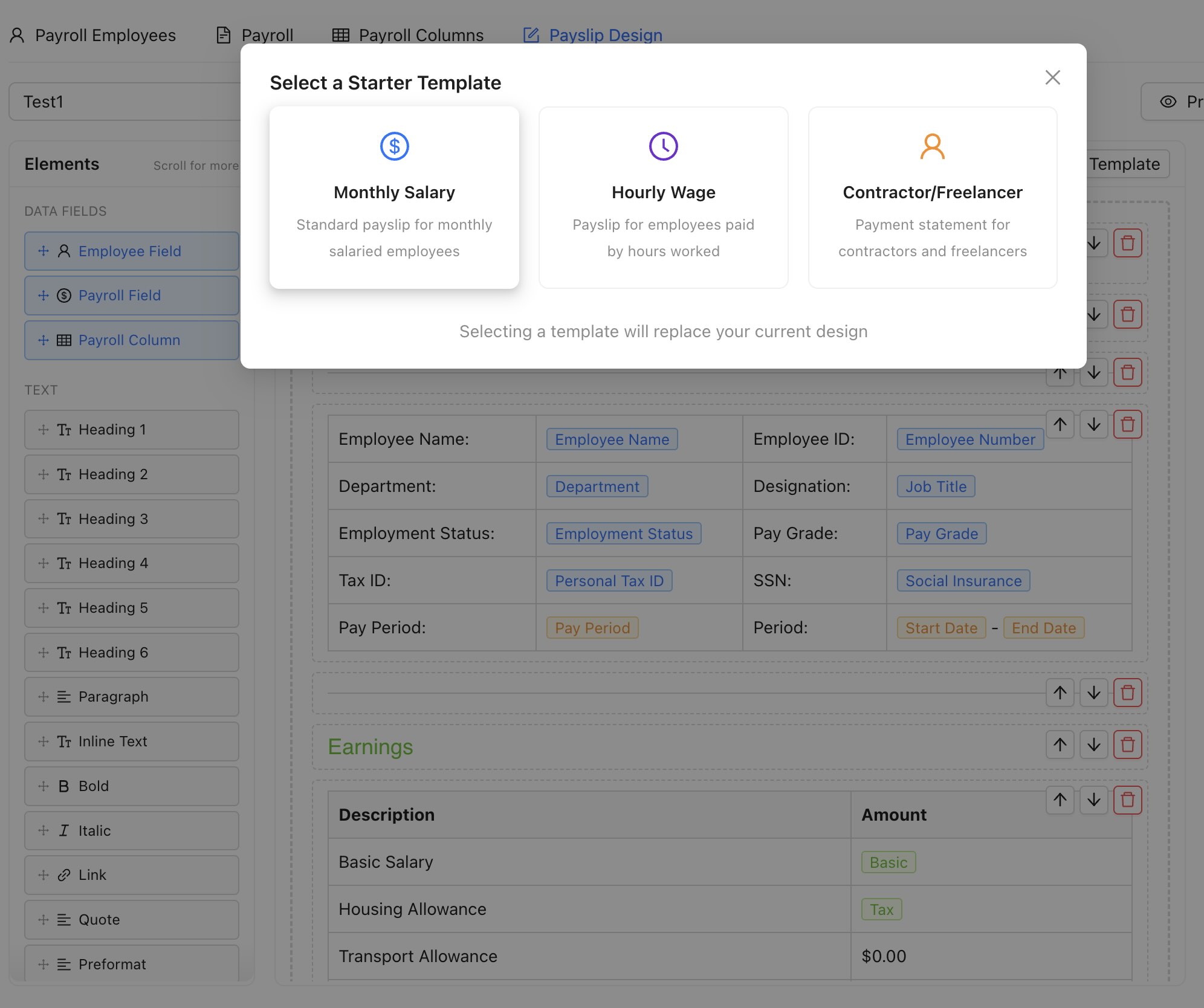 Payslip template designer