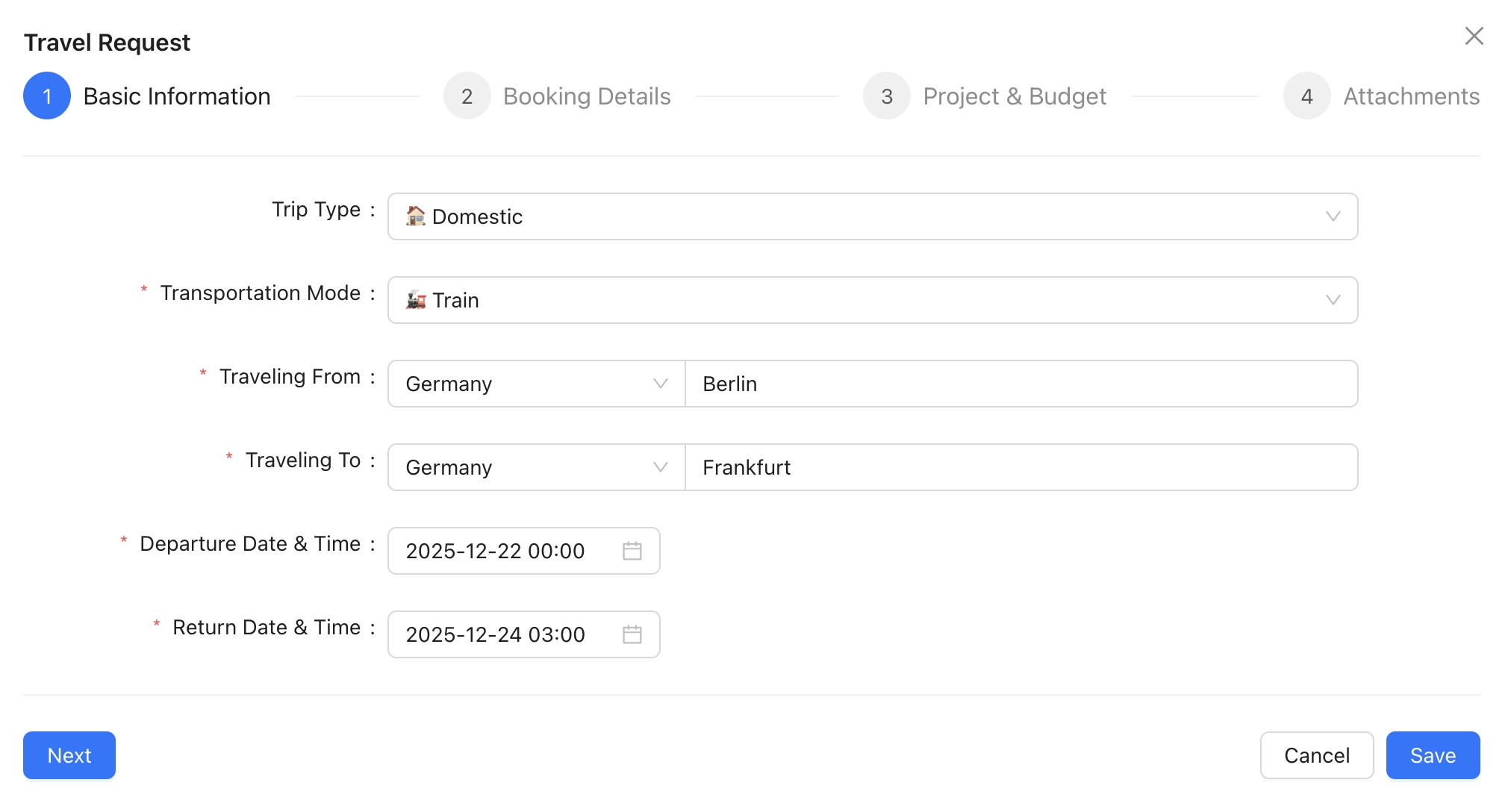 Travel request form