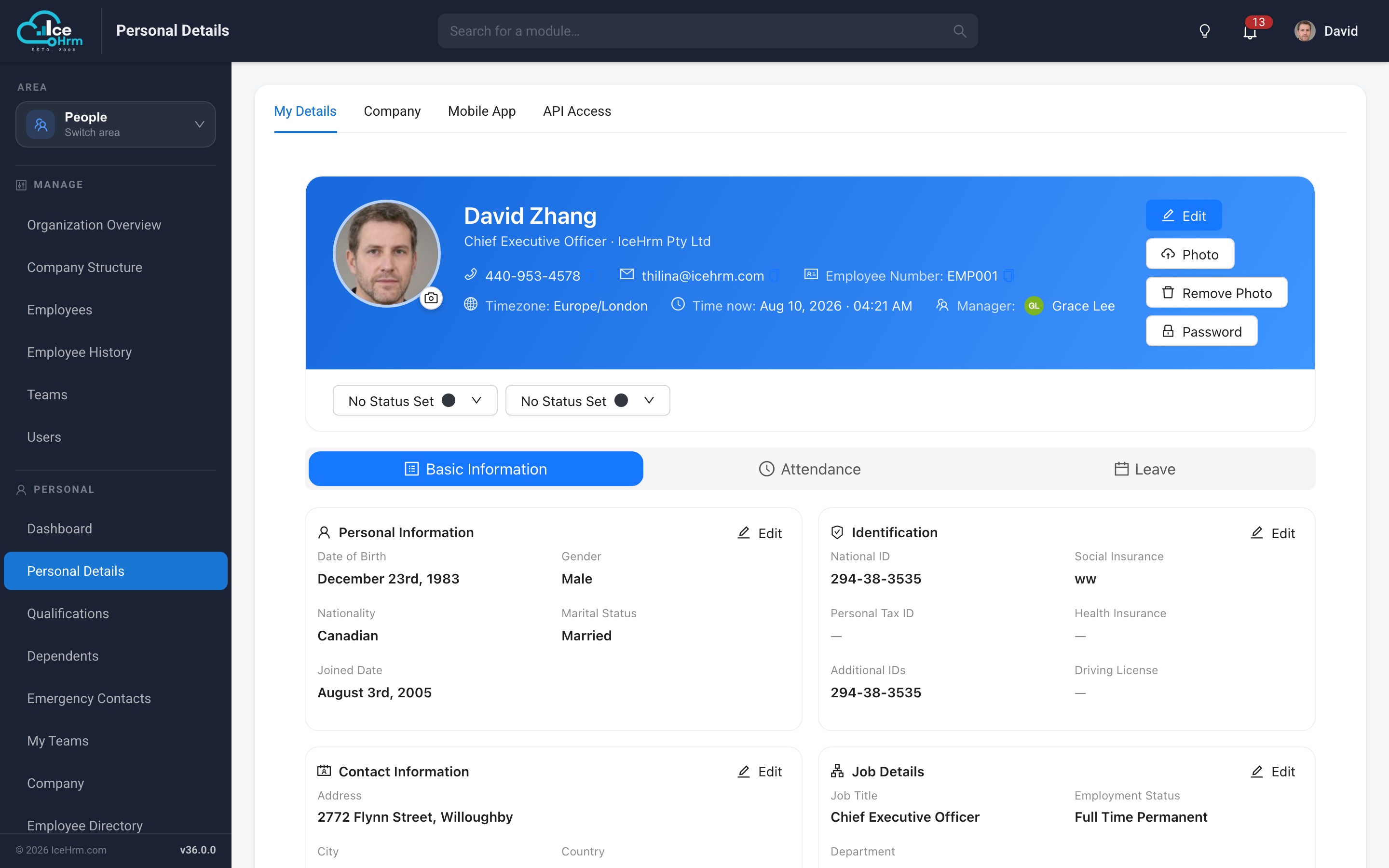 Employee profile with tabs