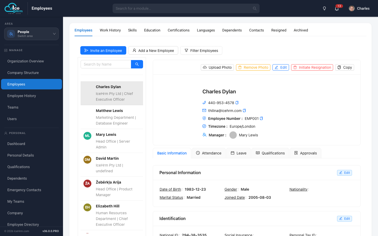 Employee profiles in IceHrm