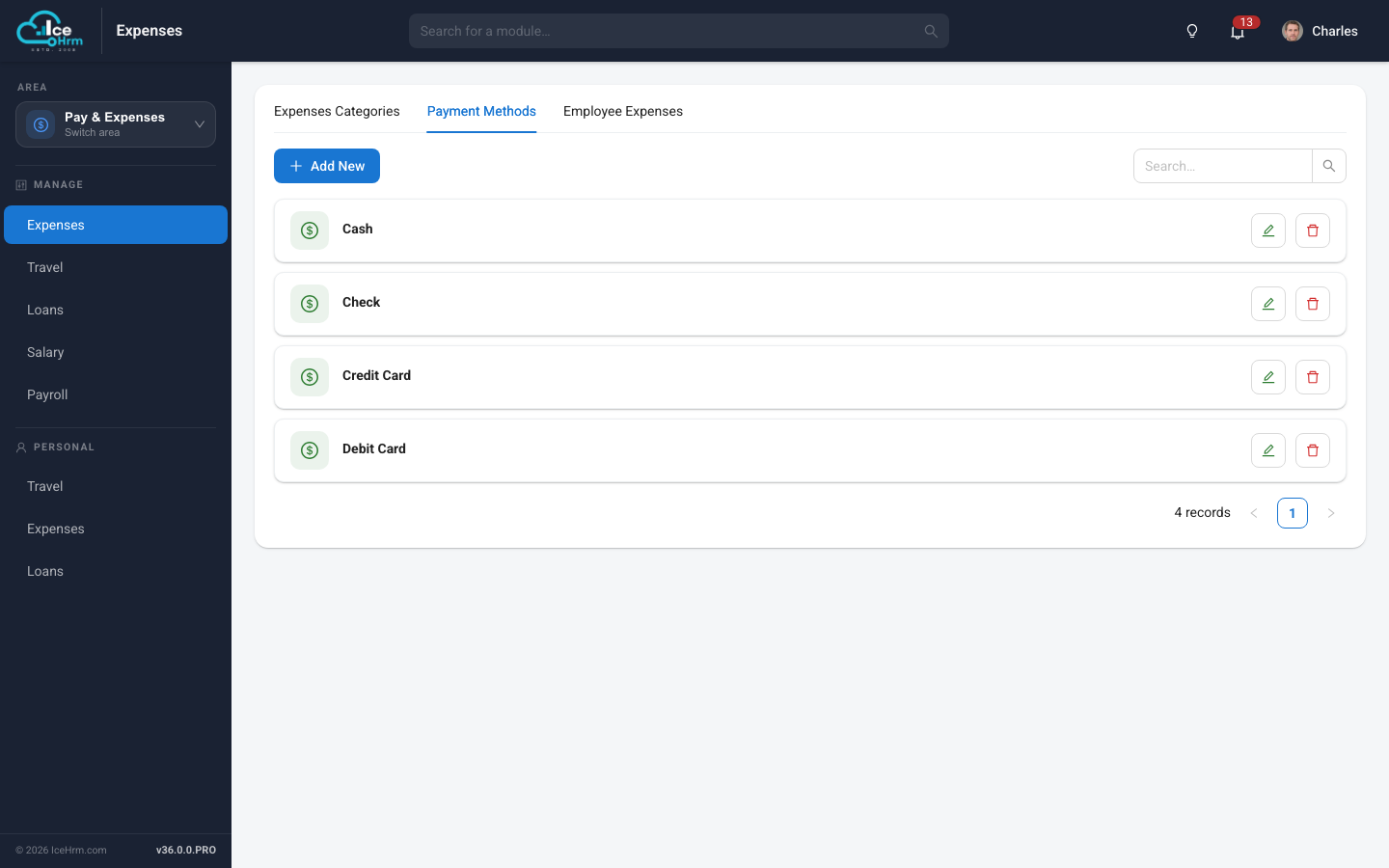 Payment methods in IceHrm