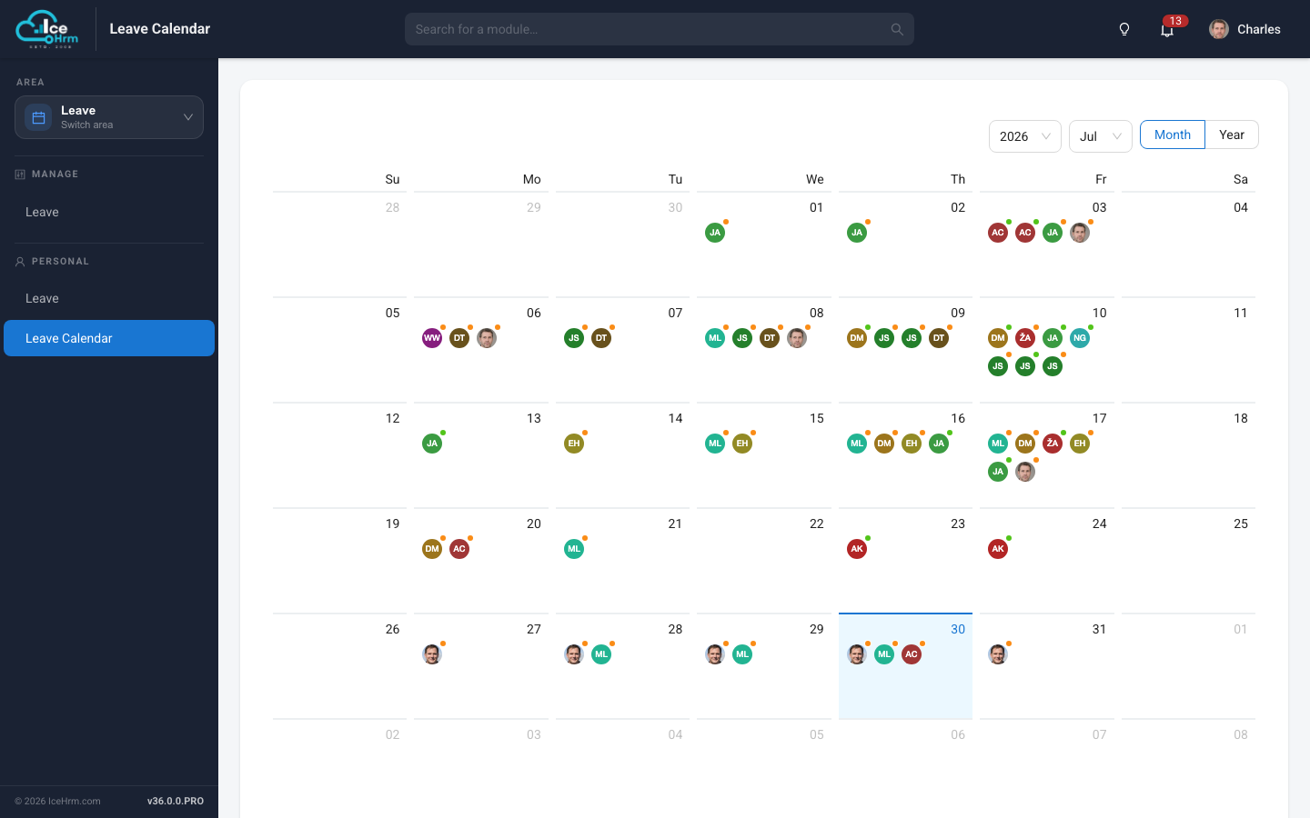 Team calendar in IceHrm