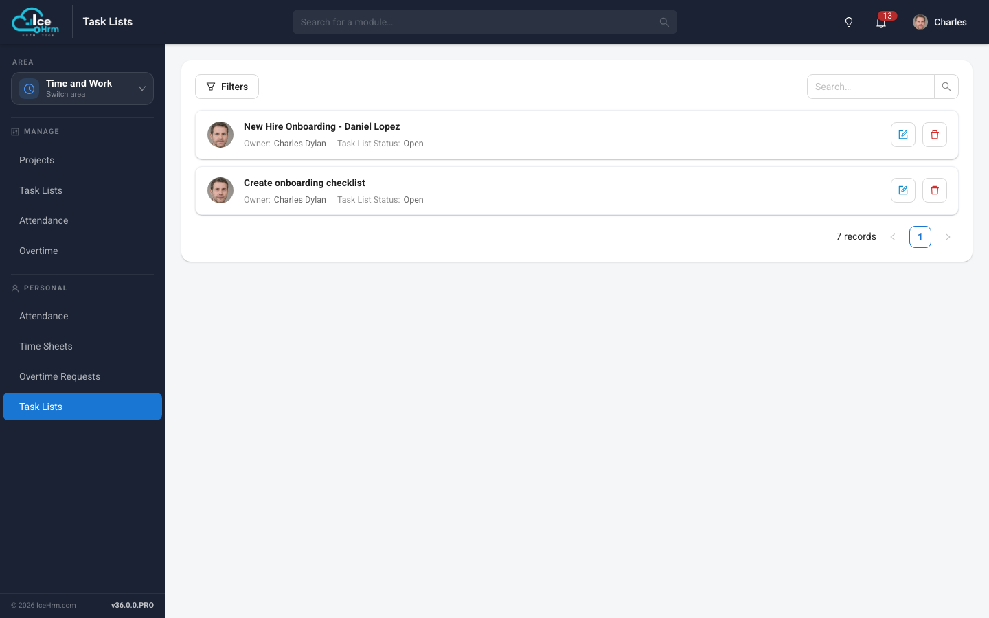 My tasks in IceHrm