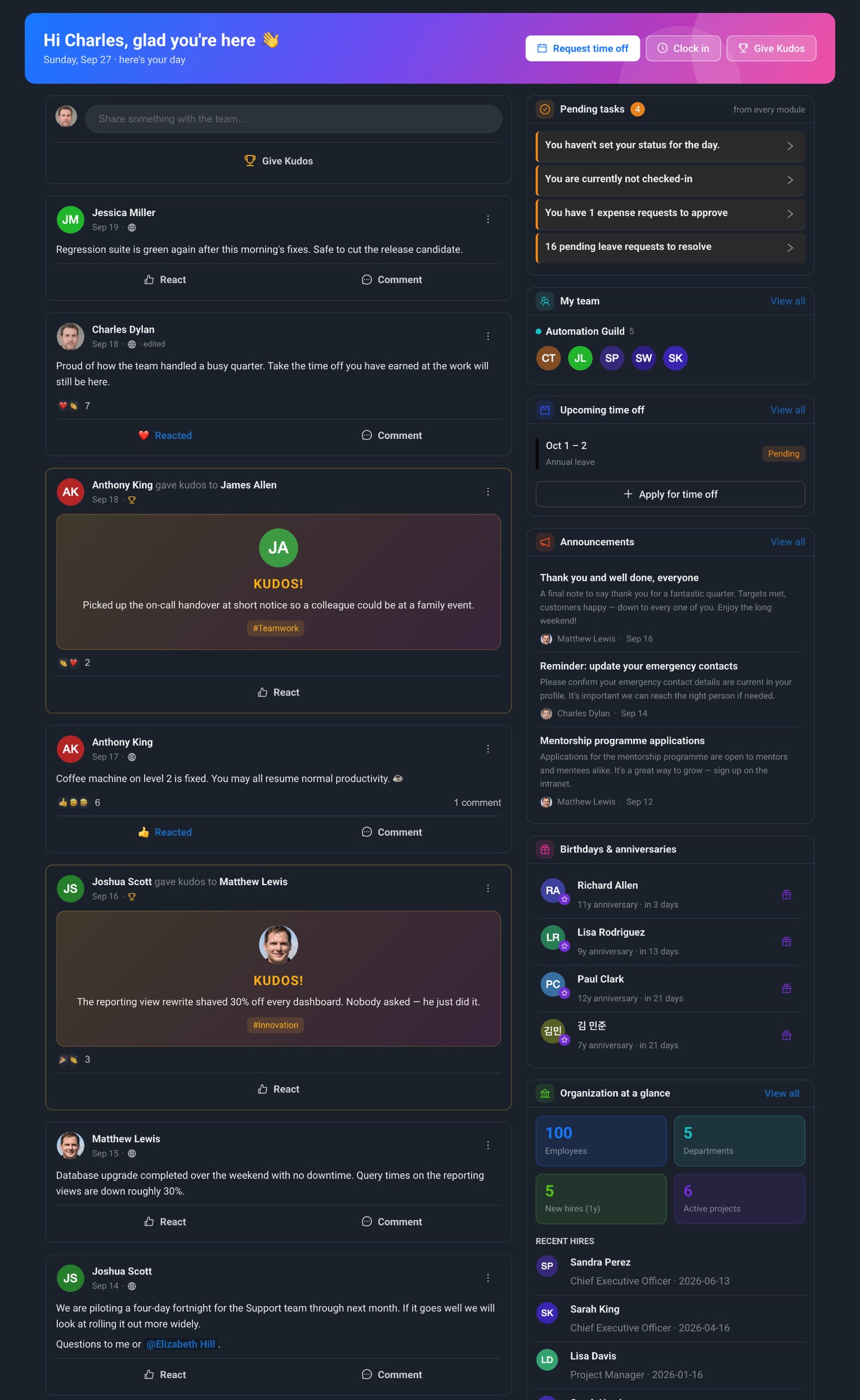 The IceHrm home screen: team feed, pending tasks, team members and upcoming time off