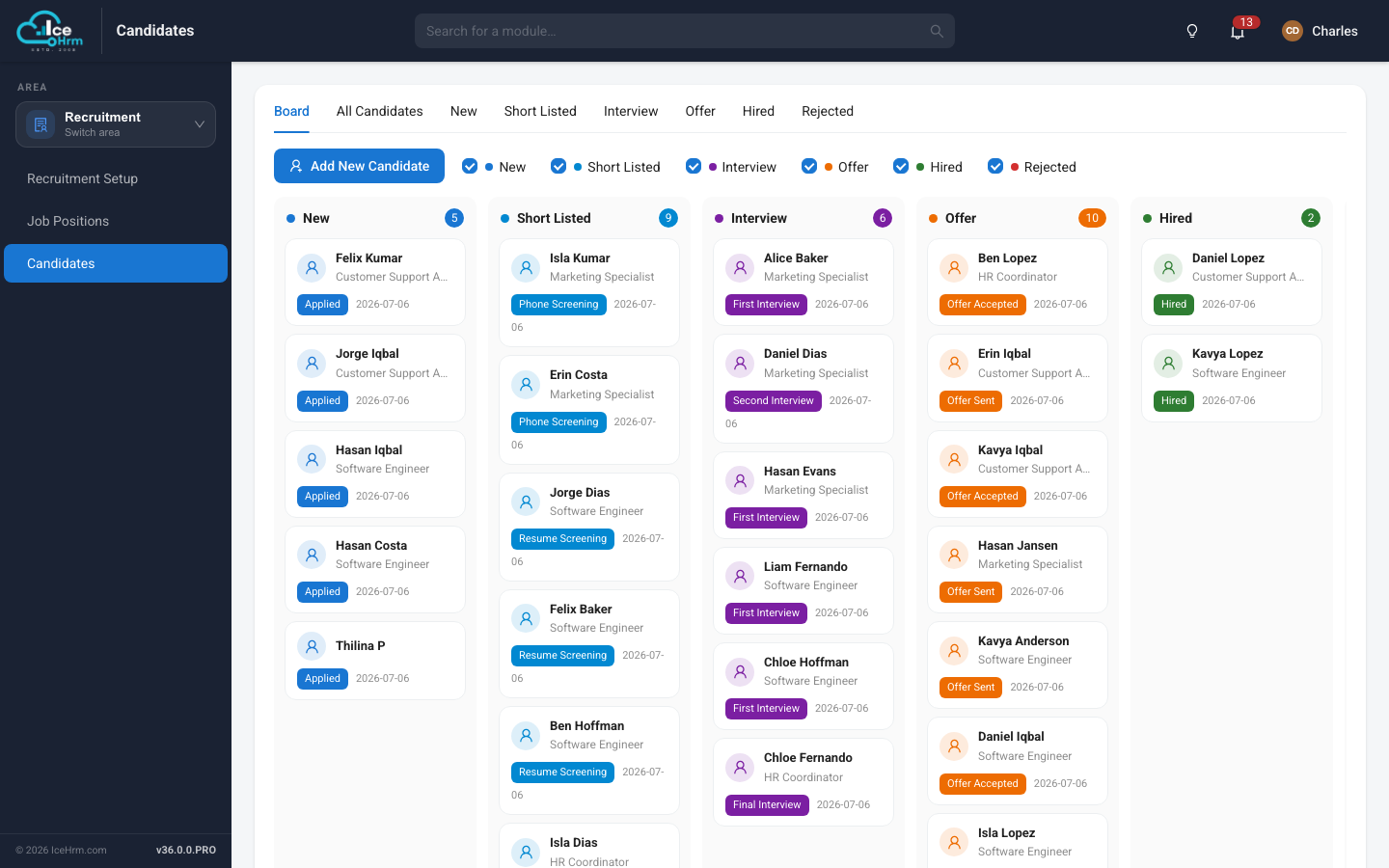 Recruitment and Applicant Tracking screen in IceHrm