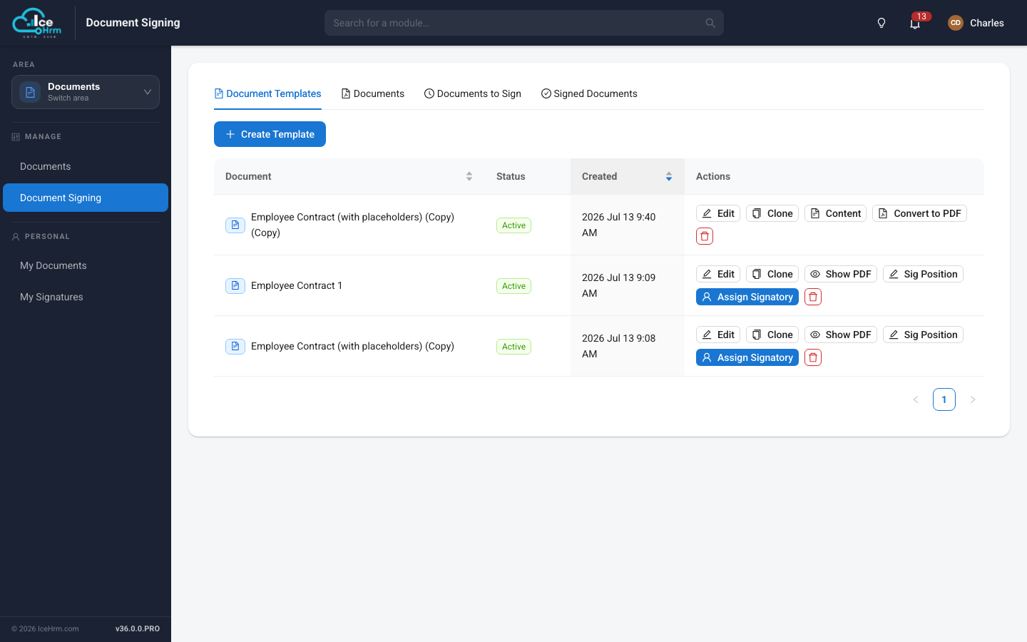Documents and e-Signing screen in IceHrm