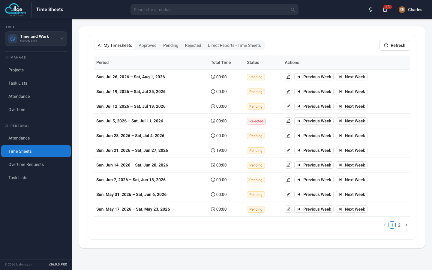 Timesheets screen in IceHrm