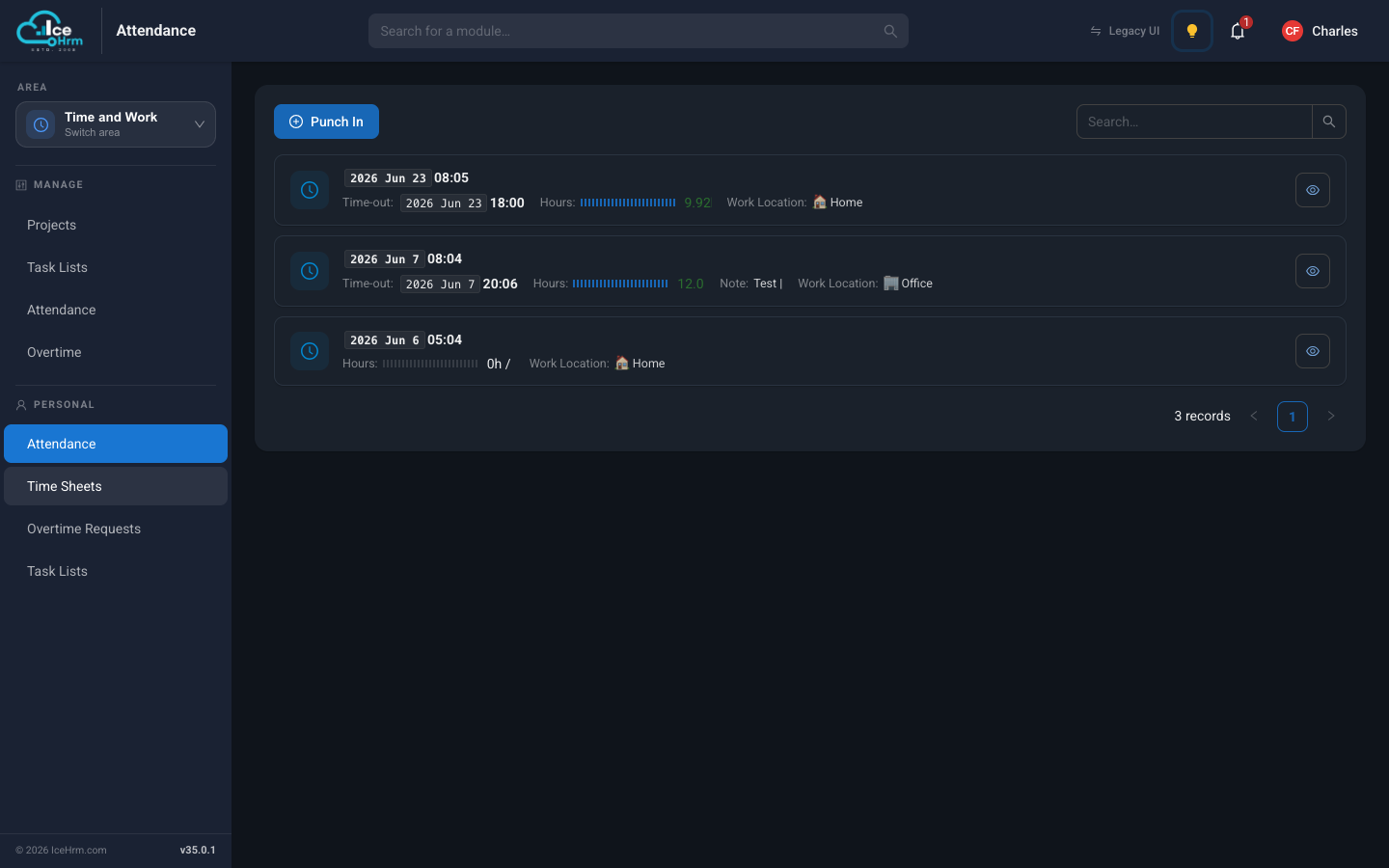 Personal attendance page with Punch In button