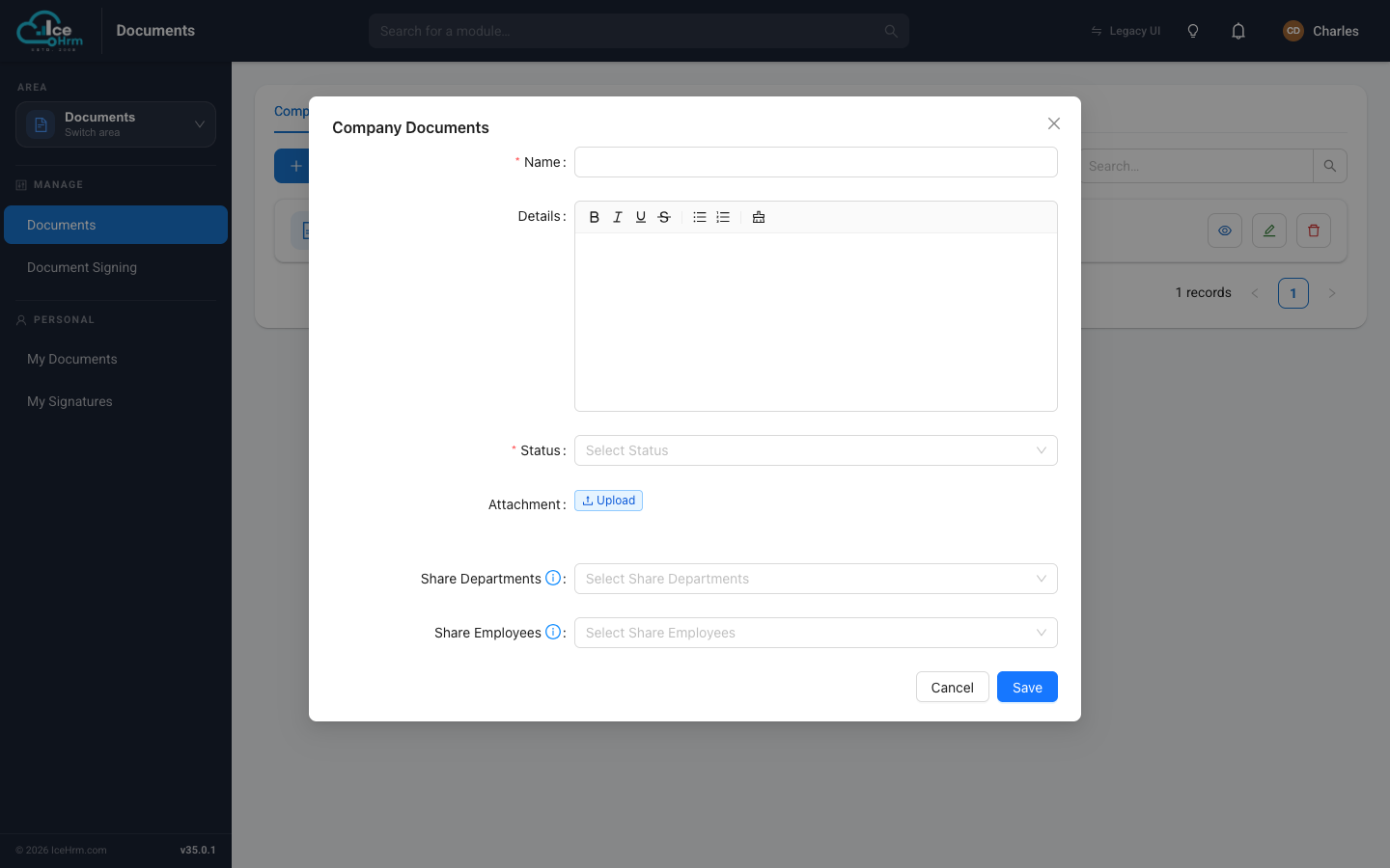 The two sharing fields on the company document form