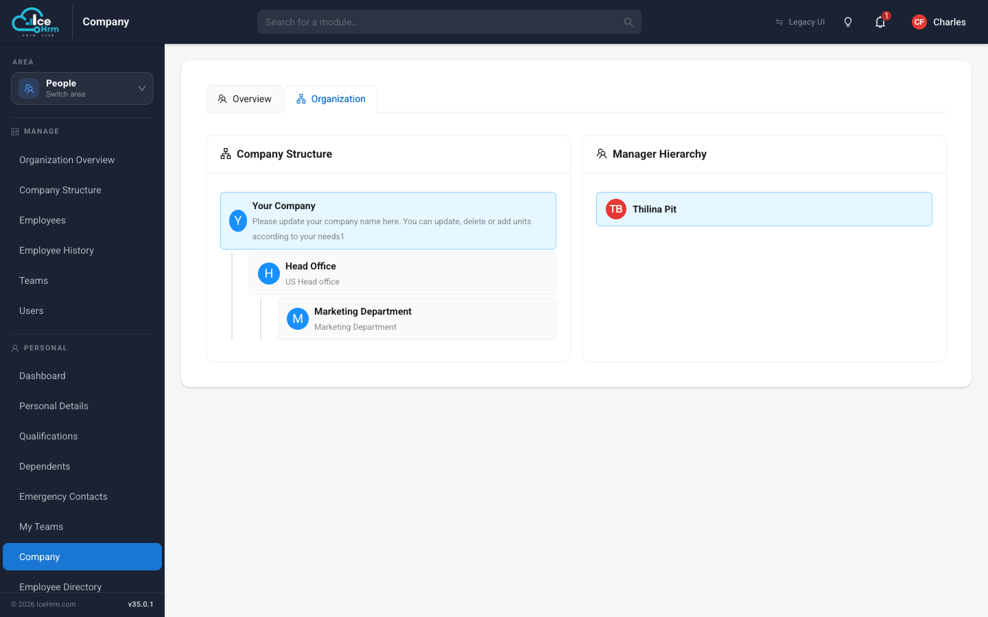 Company organization tab