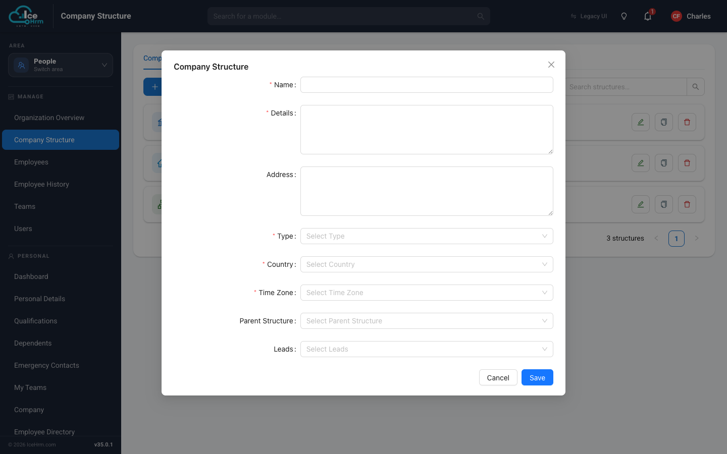 Add Structure form
