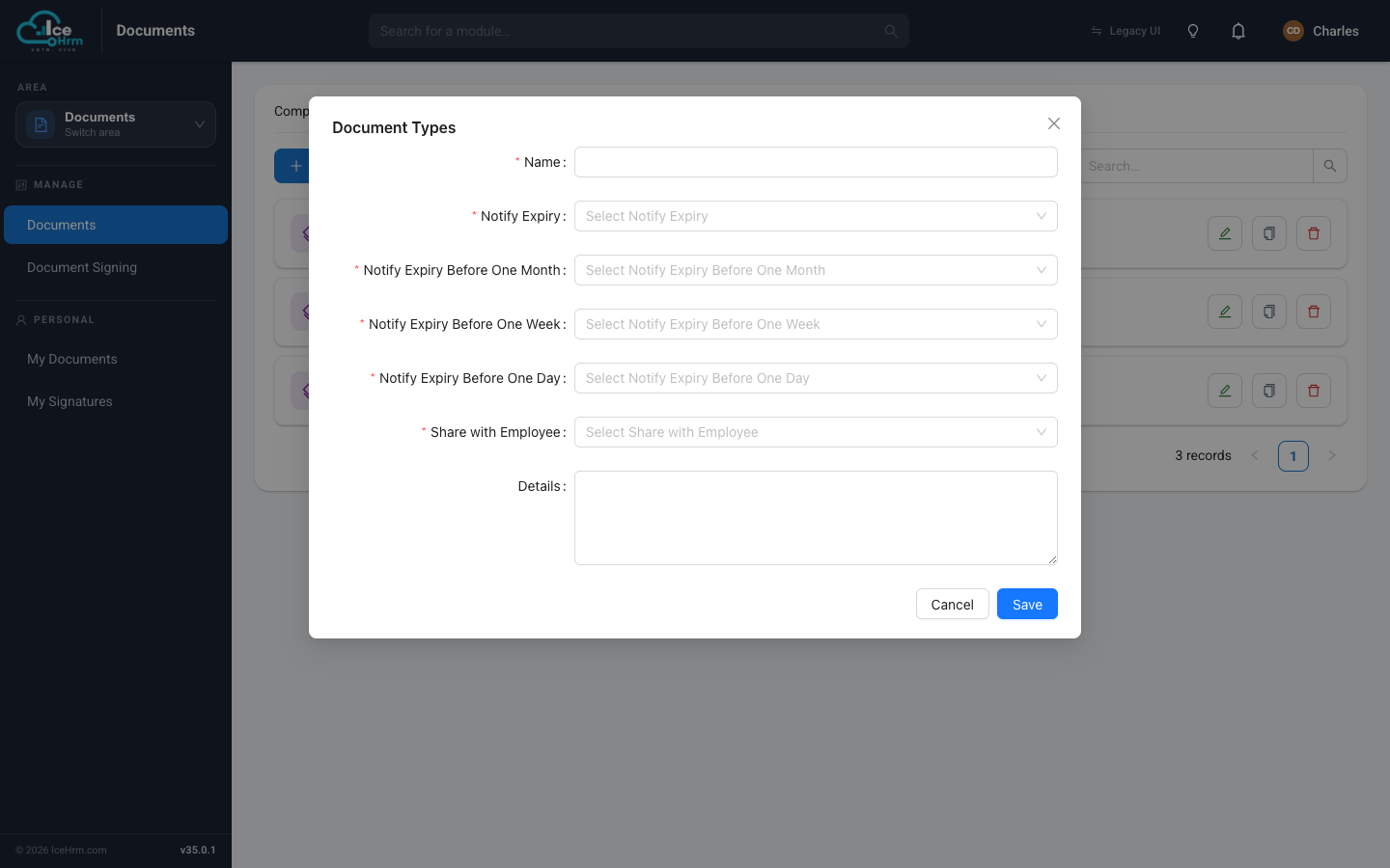 Expiry reminder settings on a document type
