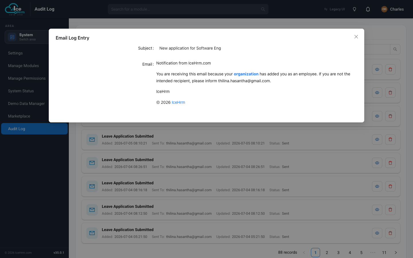 Email Log Entry