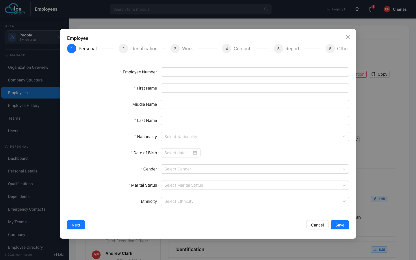 Add a New Employee form — Personal step