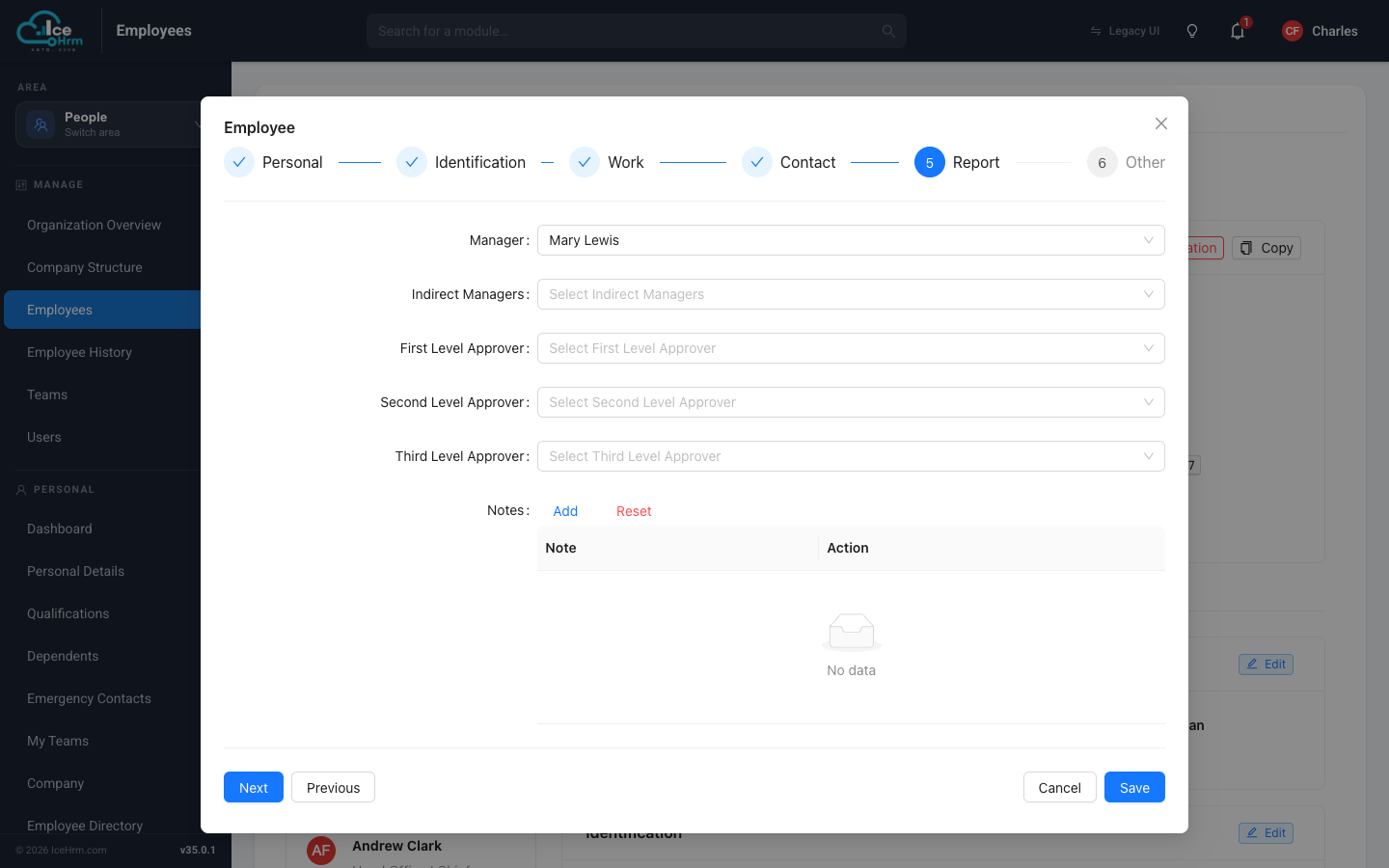 Report step — manager and approvers
