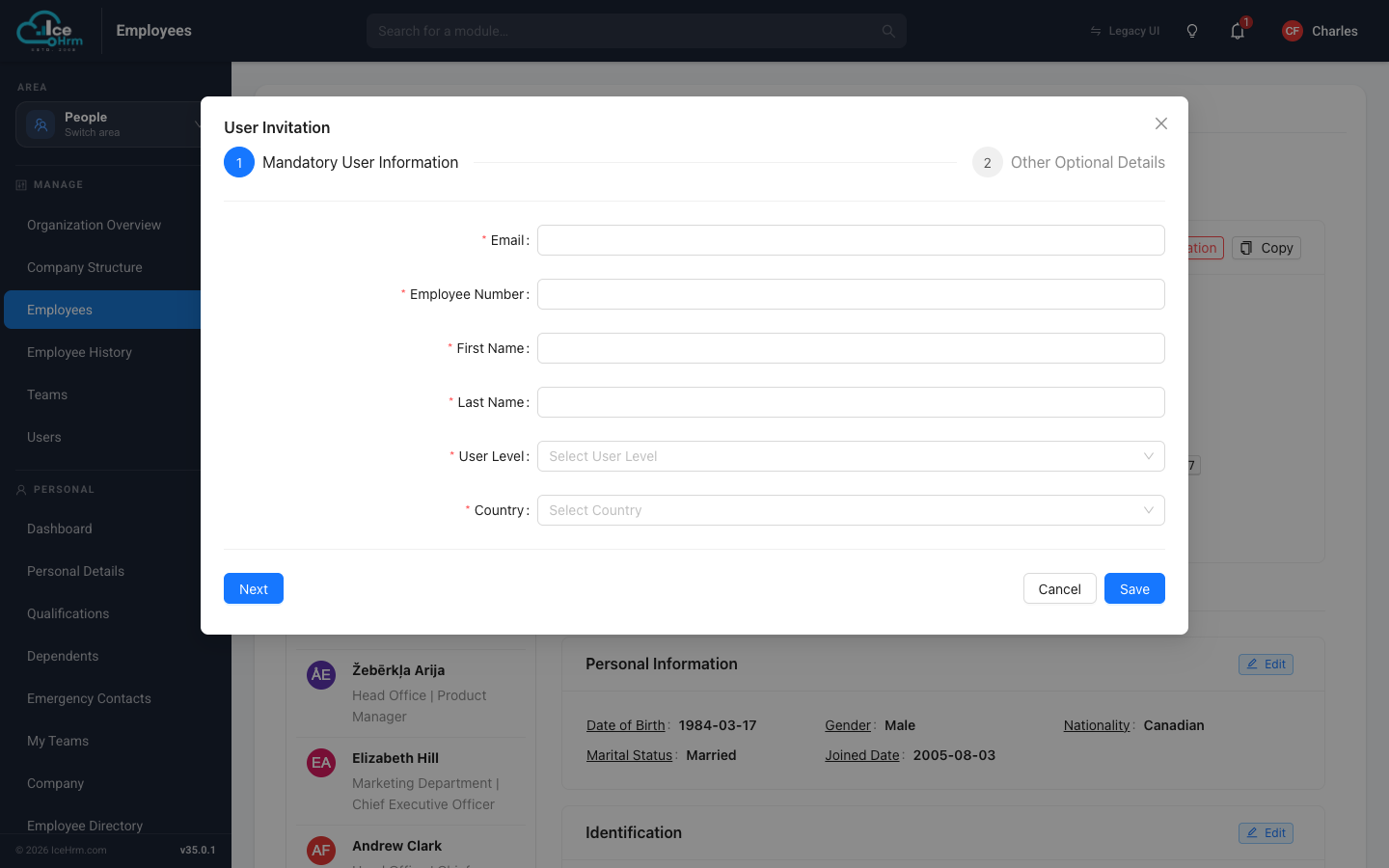 User Invitation dialog