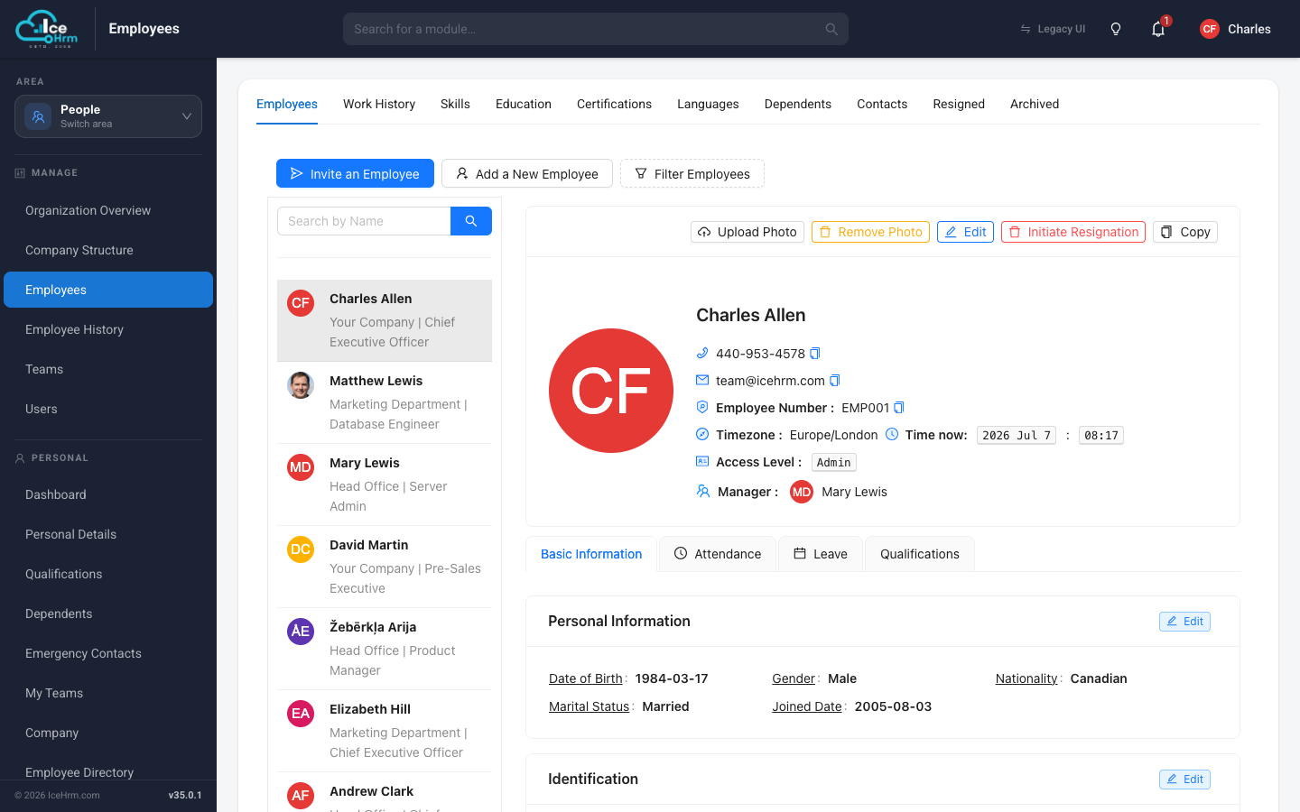Employees module with Invite and Add buttons