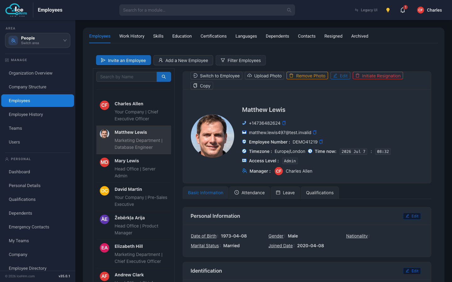 Switch to Employee button on a profile