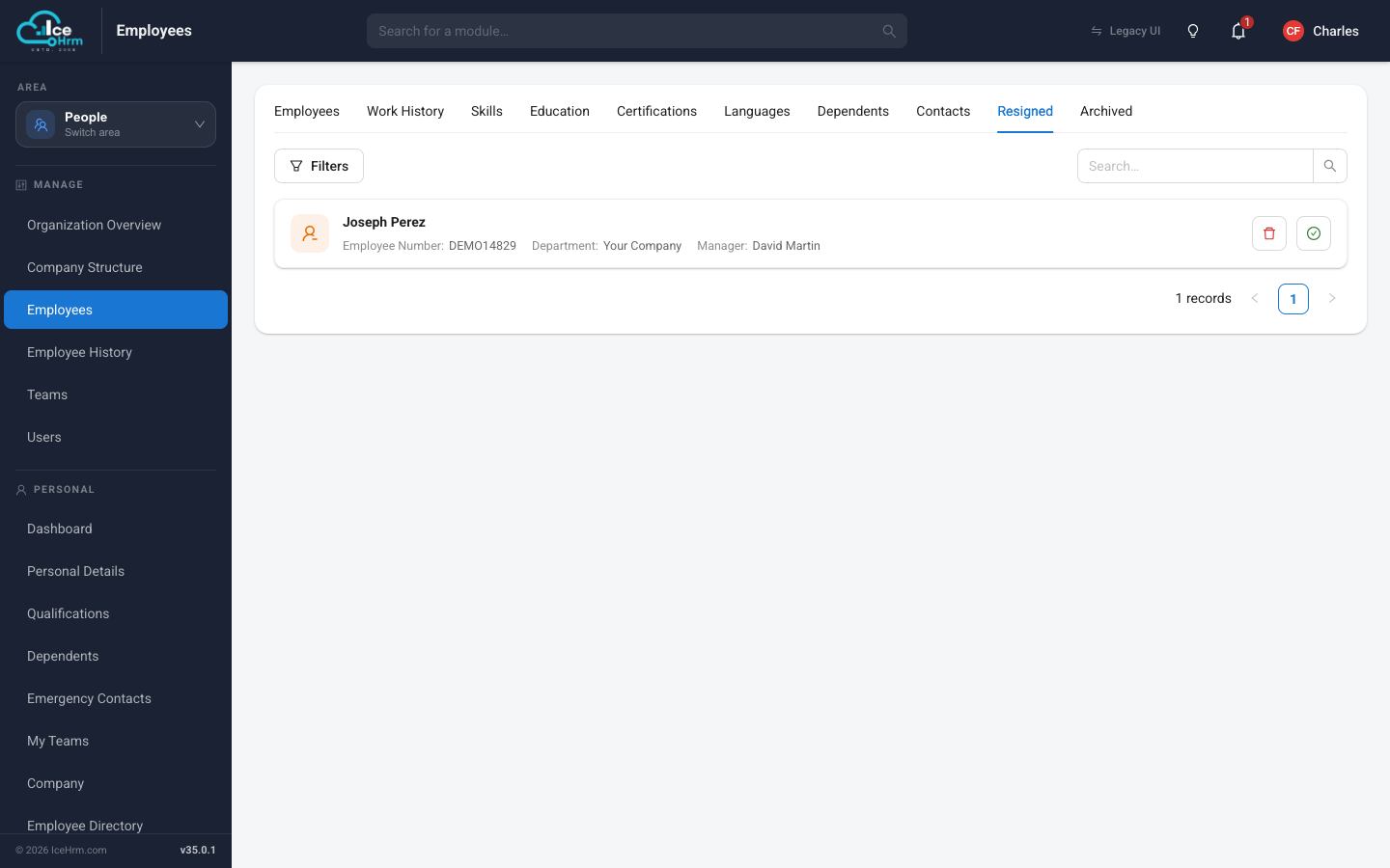 Resigned tab with restore and delete buttons