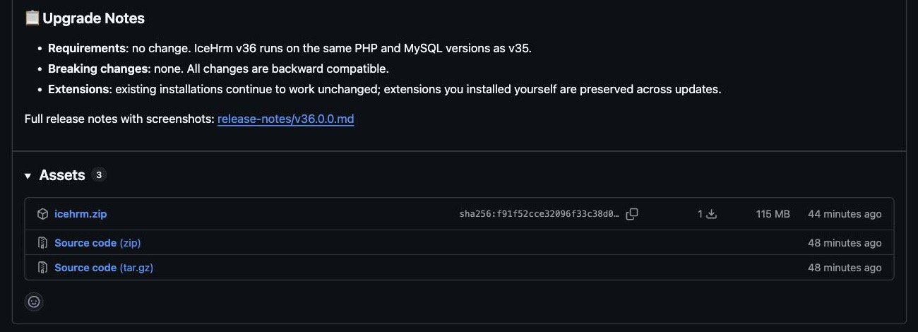 The Assets section of a GitHub release with the icehrm.zip file