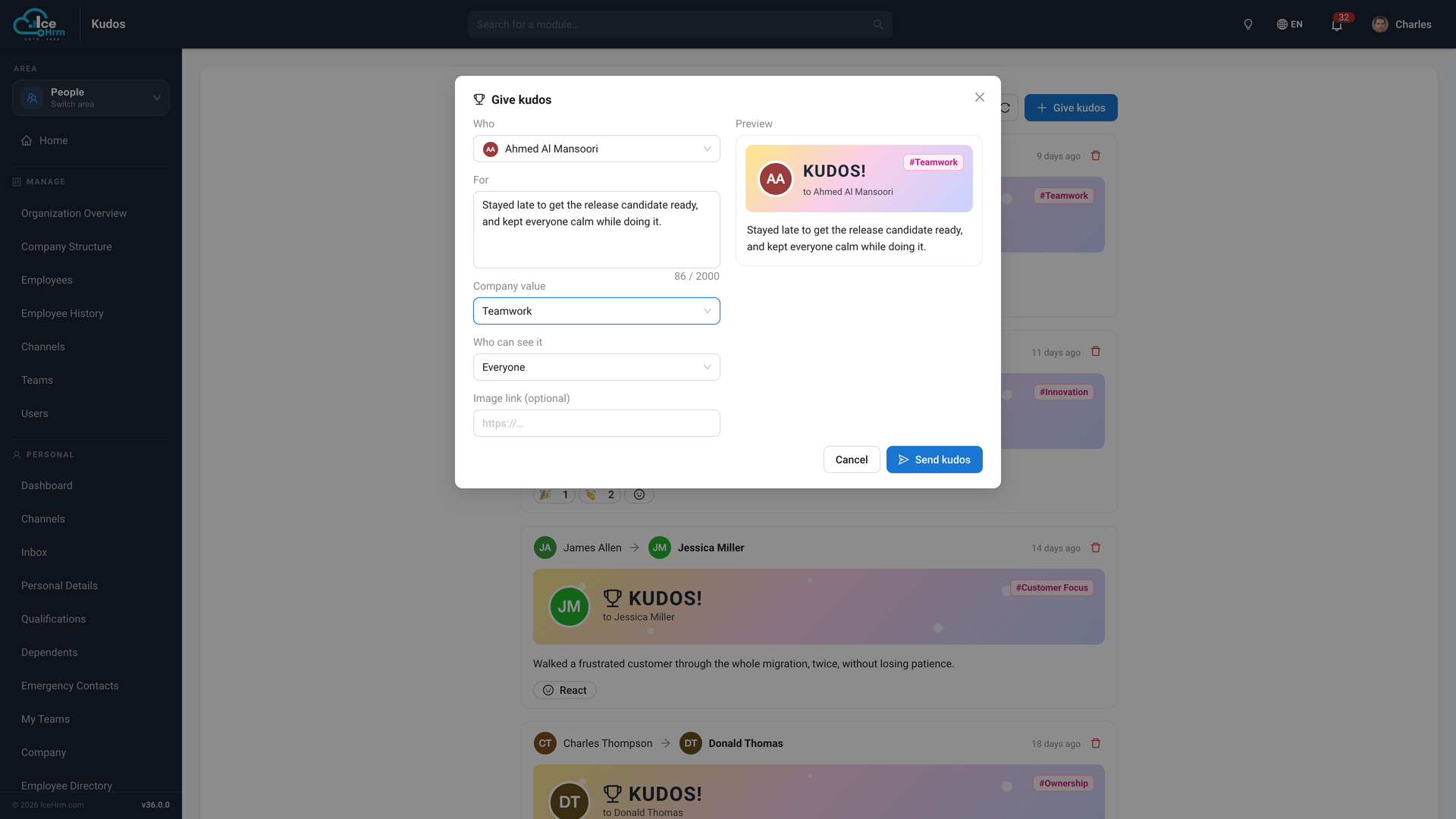 The Give kudos dialog