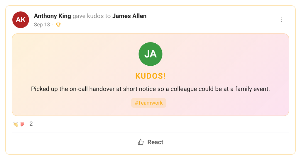 A kudos post in the feed