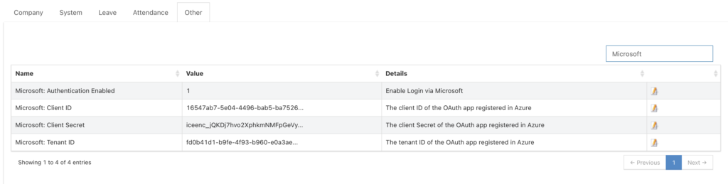 IceHrm Microsoft Settings