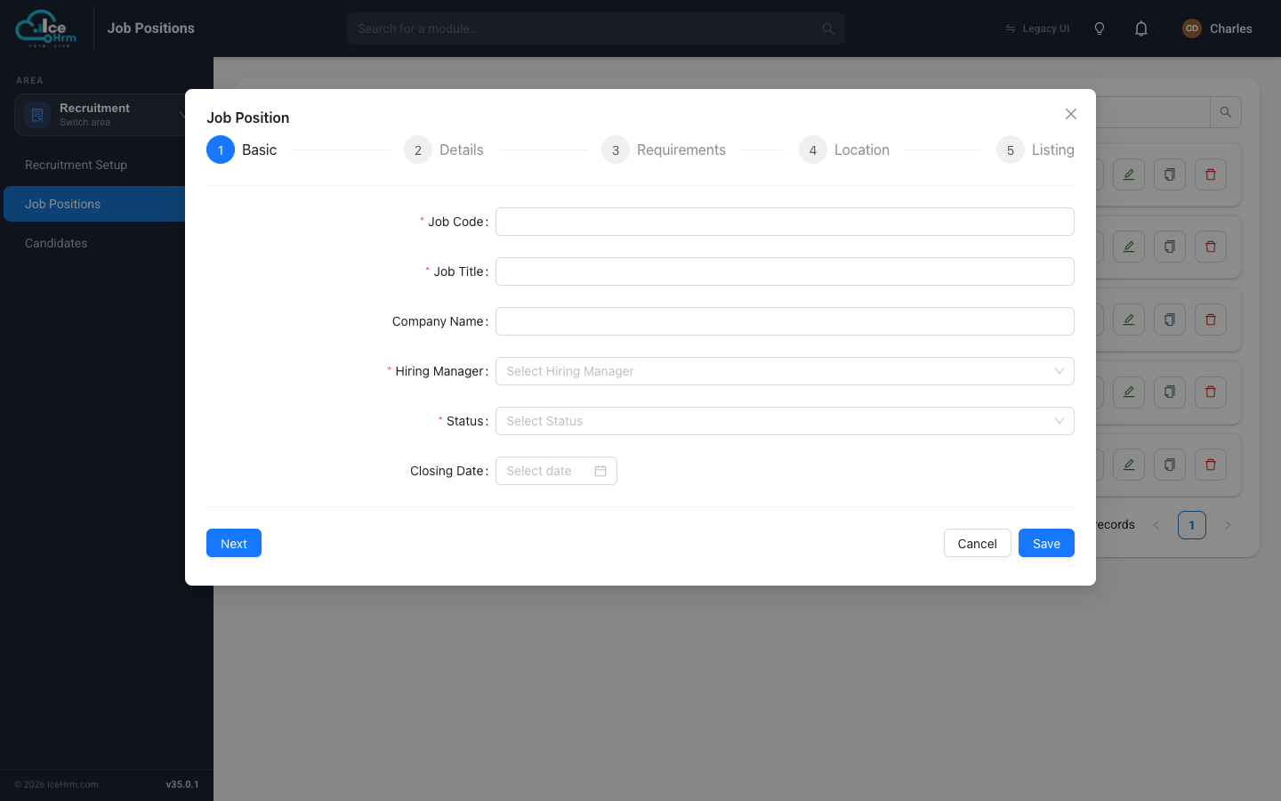 Job Position wizard — Basic step