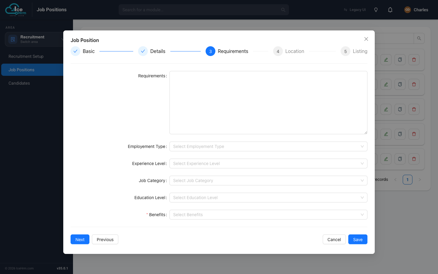 Job Position wizard — Requirements step