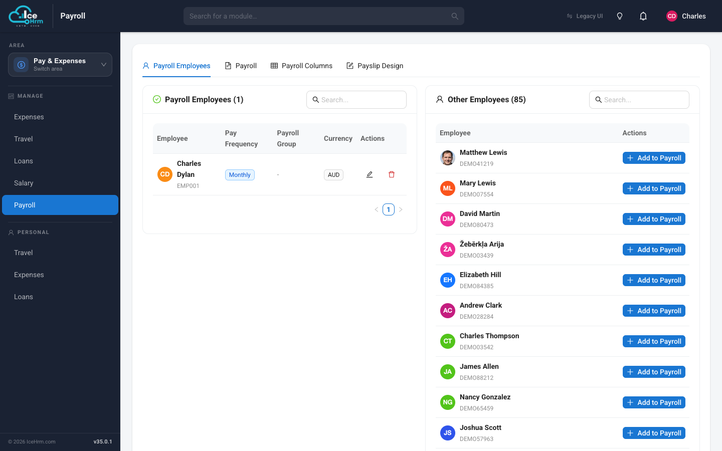 Payroll Employees tab