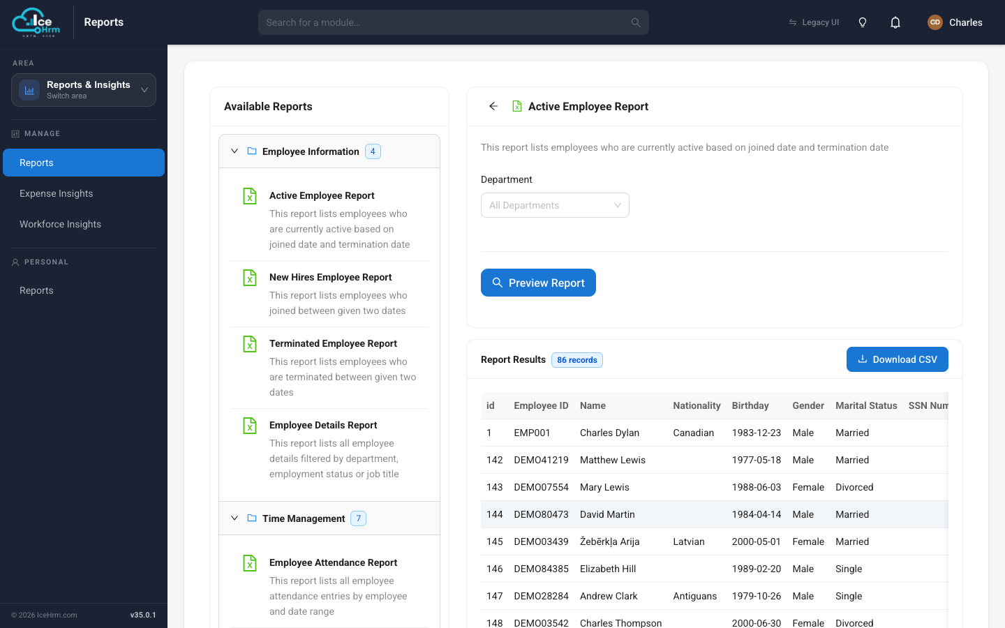 Report results with the Download CSV button