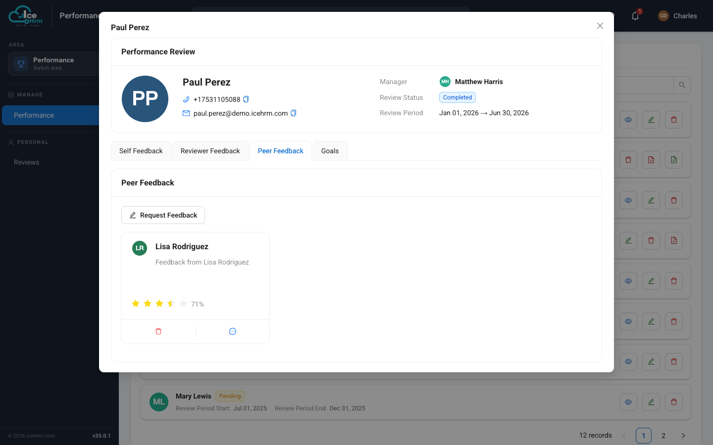 A peer feedback card with a rating