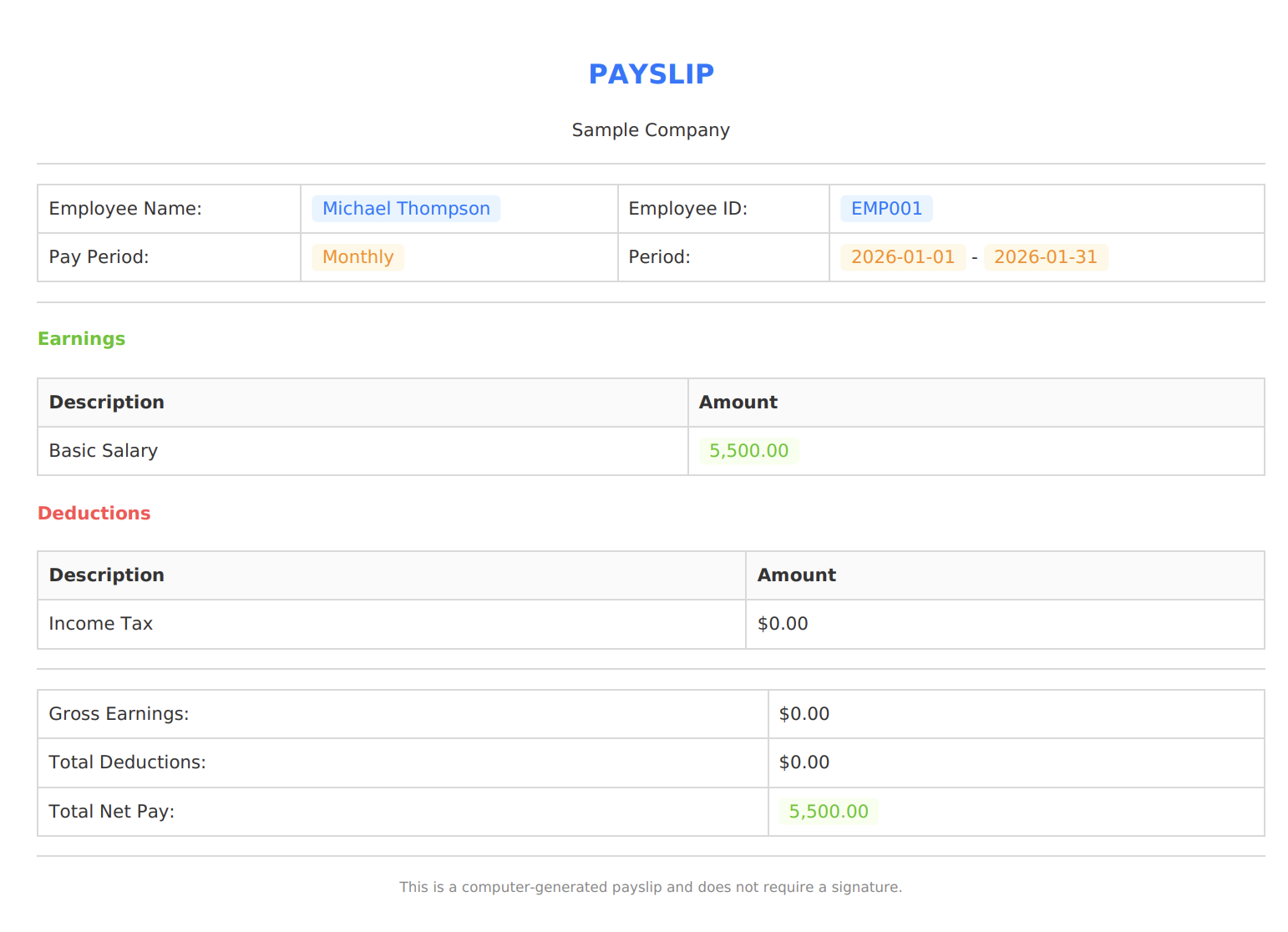 Sample Payslip