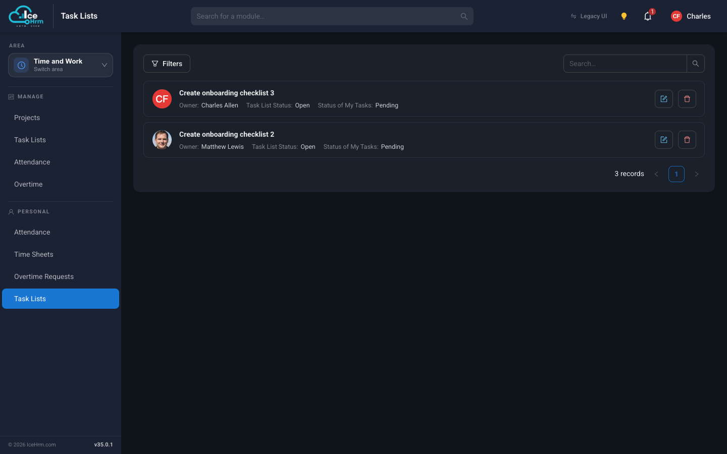 Personal Task Lists page