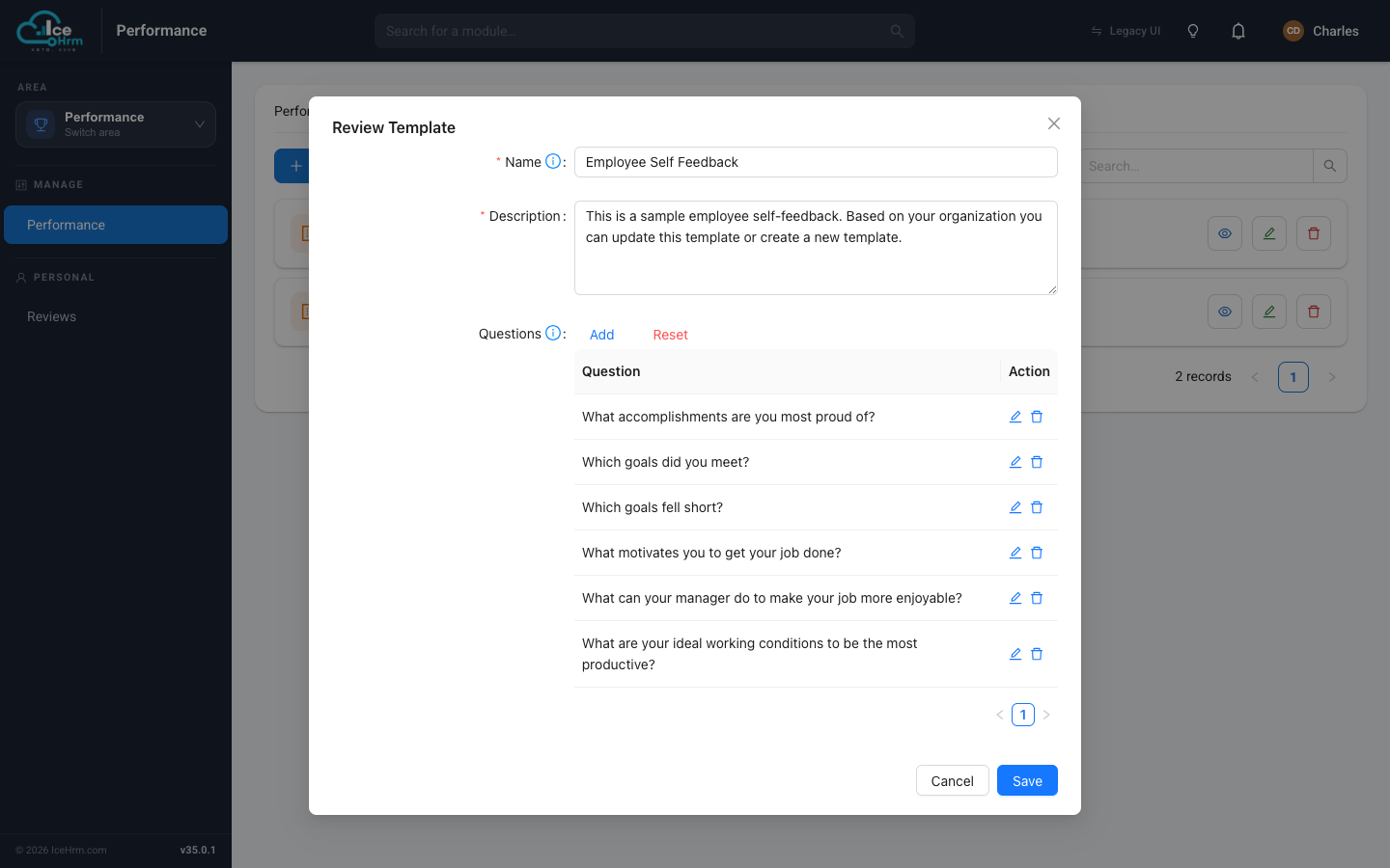 The template editor with its question list