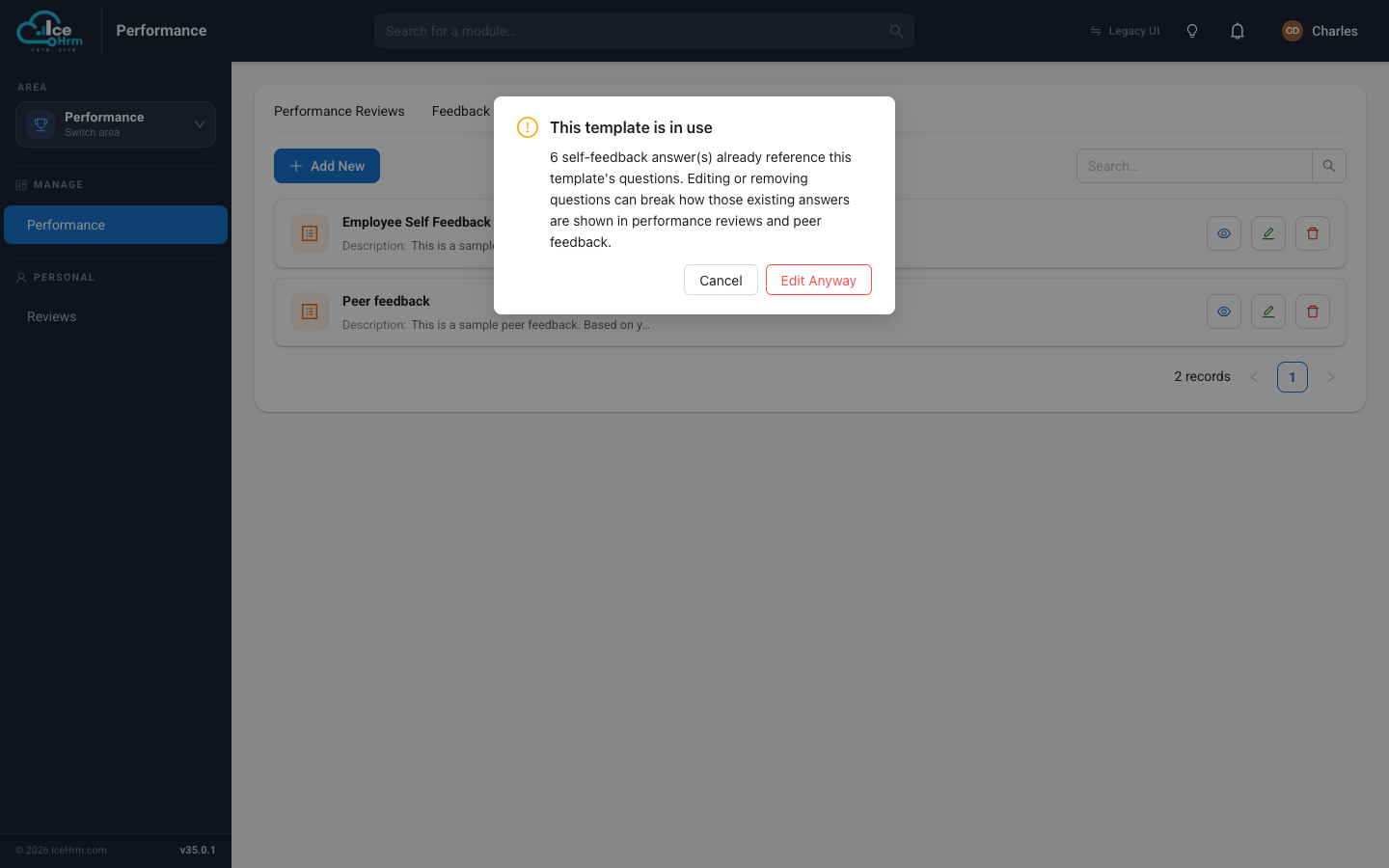 Warning when editing a template that is in use