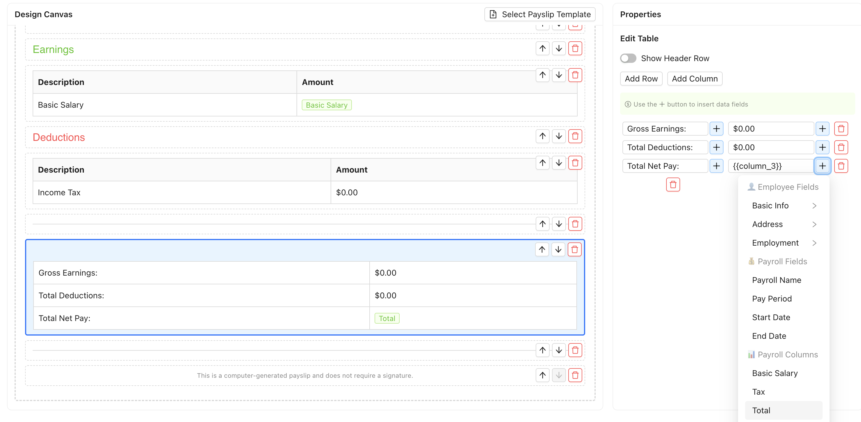 Total Column in Design