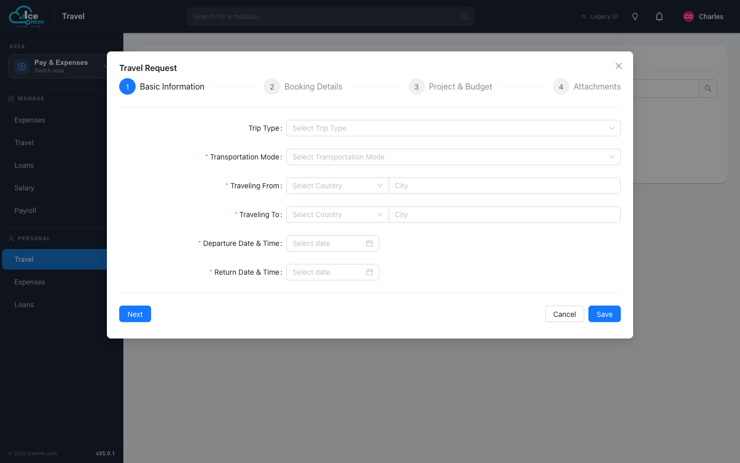 Travel request form