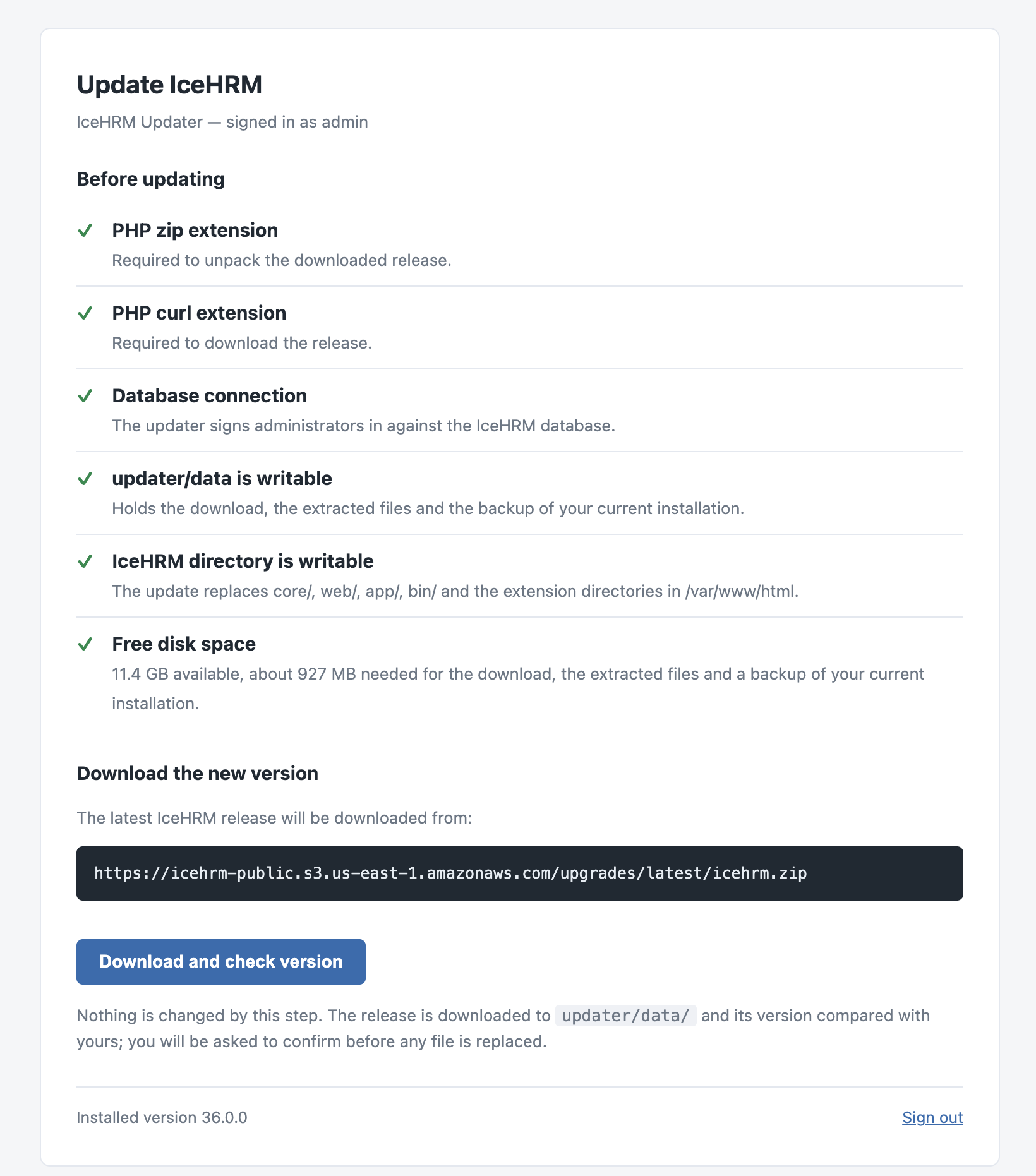 The updater showing all pre-update checks passing