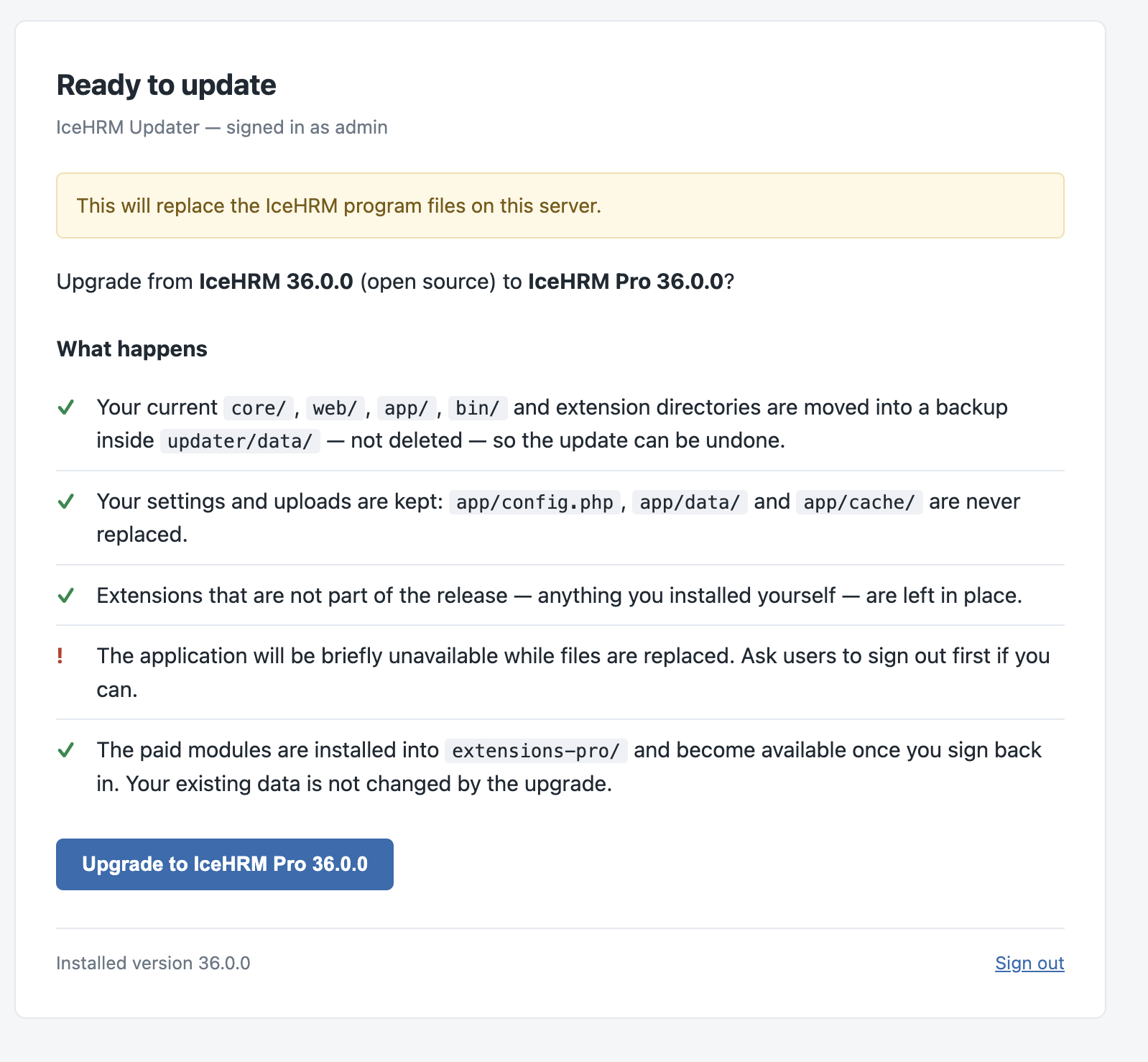 The Ready to update screen for the Pro upgrade