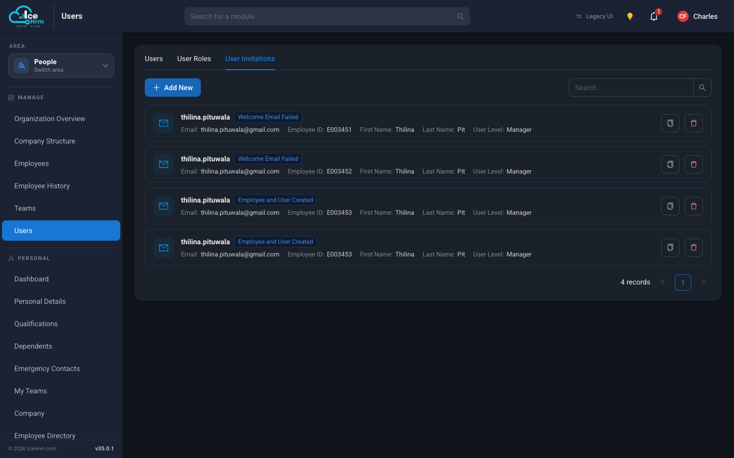 User Invitations tab