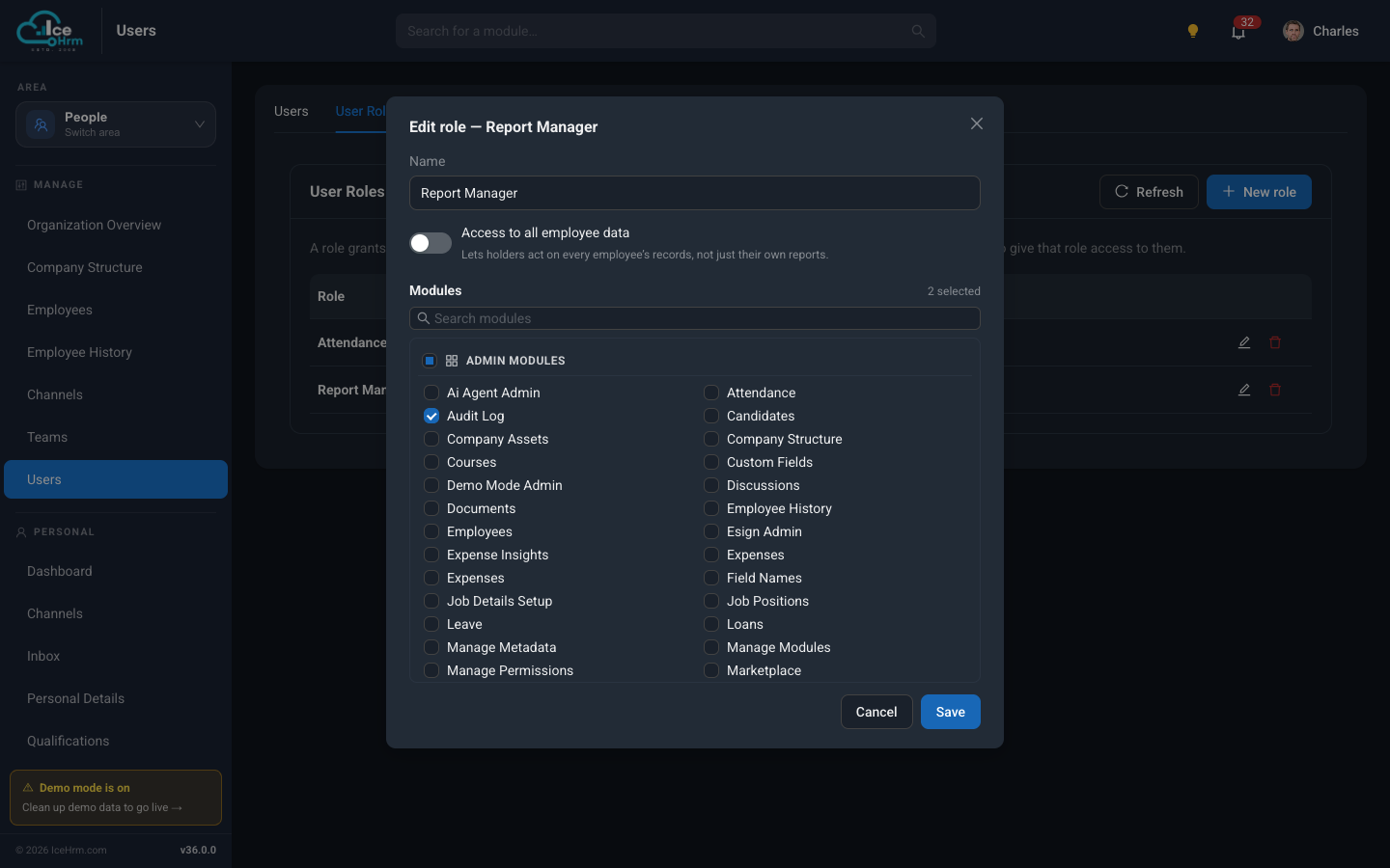 Editing a user role — name, all-employee-data switch, and the module checklist