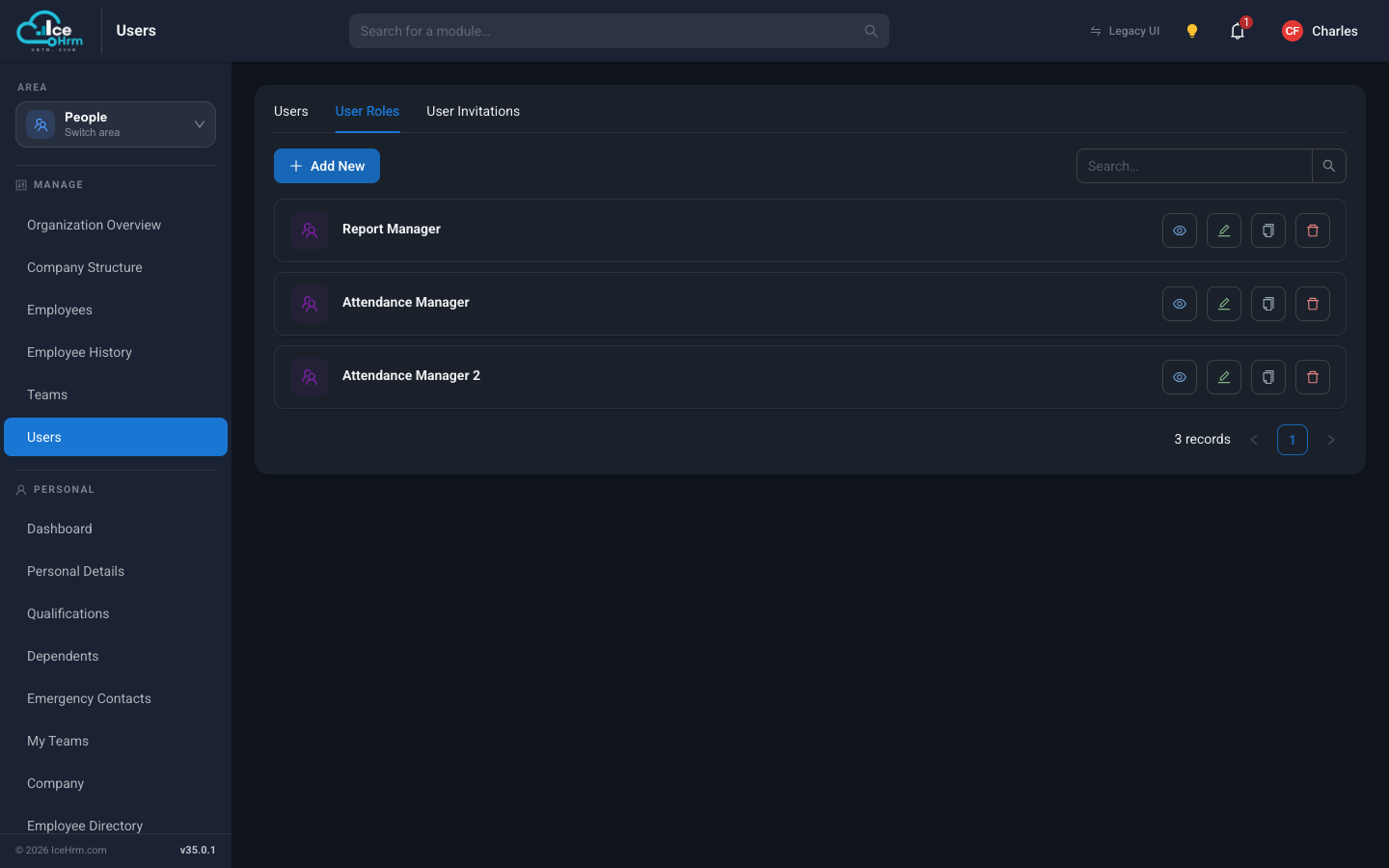 User Roles tab in the Users module