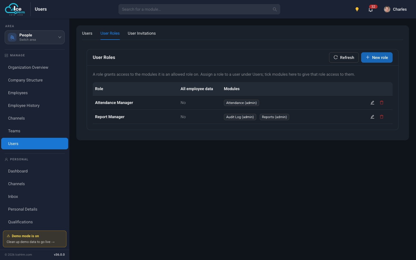 User Roles tab in the Users module